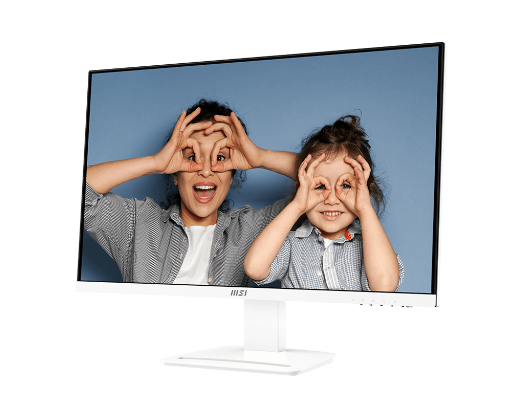 Egy számítógép monitor egy nőt és egy gyermeket mutat, akik szemmozdulatokat tesznek. Kockás inget viselnek. Kék háttér.