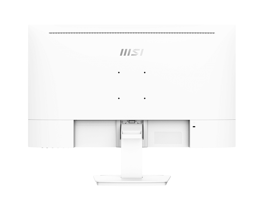 Egy fehér MSI monitor hátulnézete. Van rajta állvány, portok és az MSI logója. A háttér fekete.