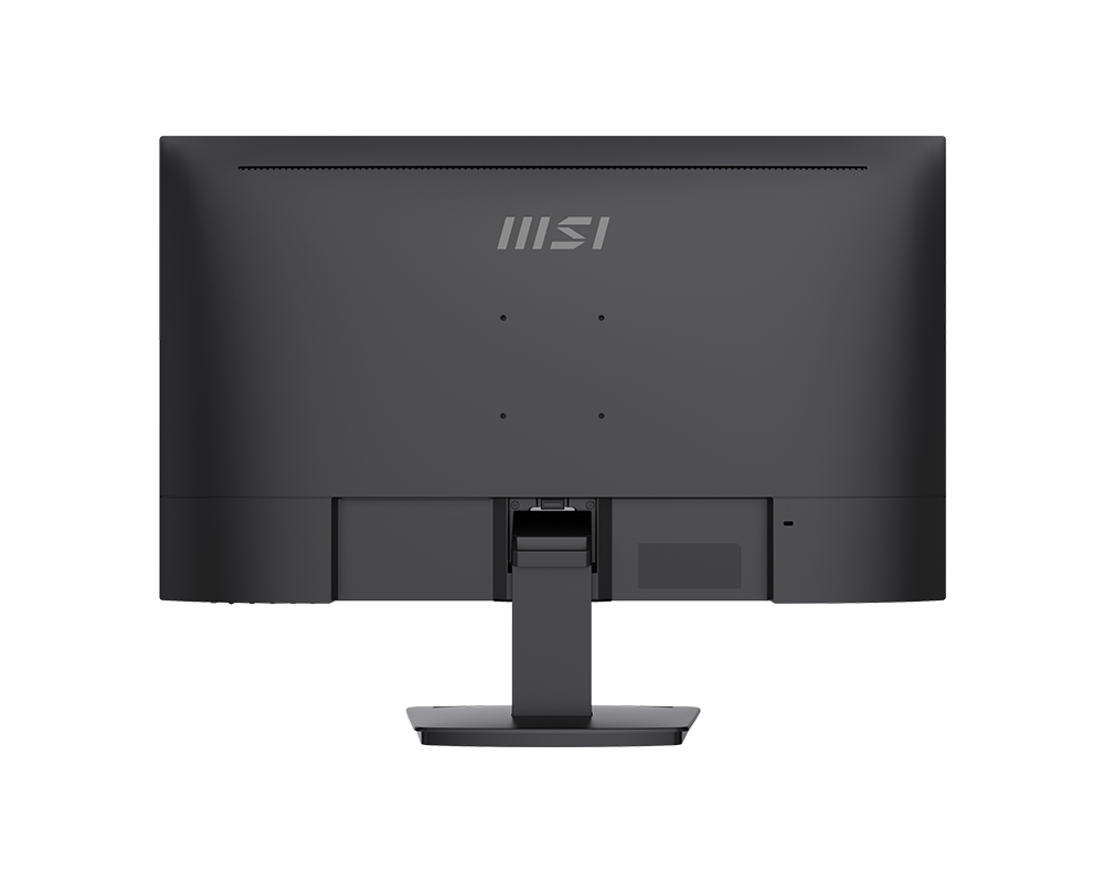 Egy fekete MSI monitor hátulról. Az állvány ezüst és fekete. Az MSI logó látható a képernyő tetején.