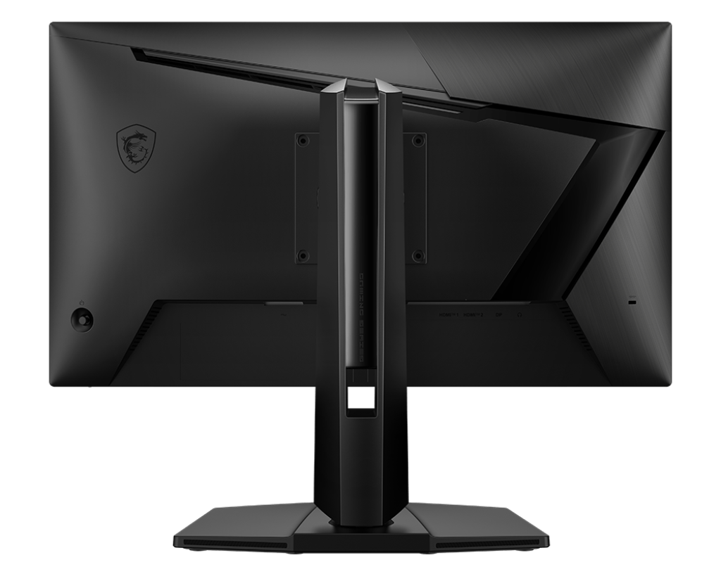 Egy fekete MSI gaming monitor hátulja. Tartóval, portokkal és az MSI logóval. A felület szálcsiszolt fém textúrájú.