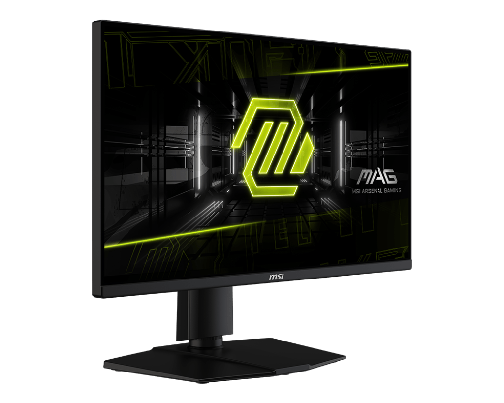Egy fekete MSI gaming monitor neonzöld logót jelenít meg. A képernyő futurisztikus dizájnt mutat. A monitor egy fekete állványon áll.