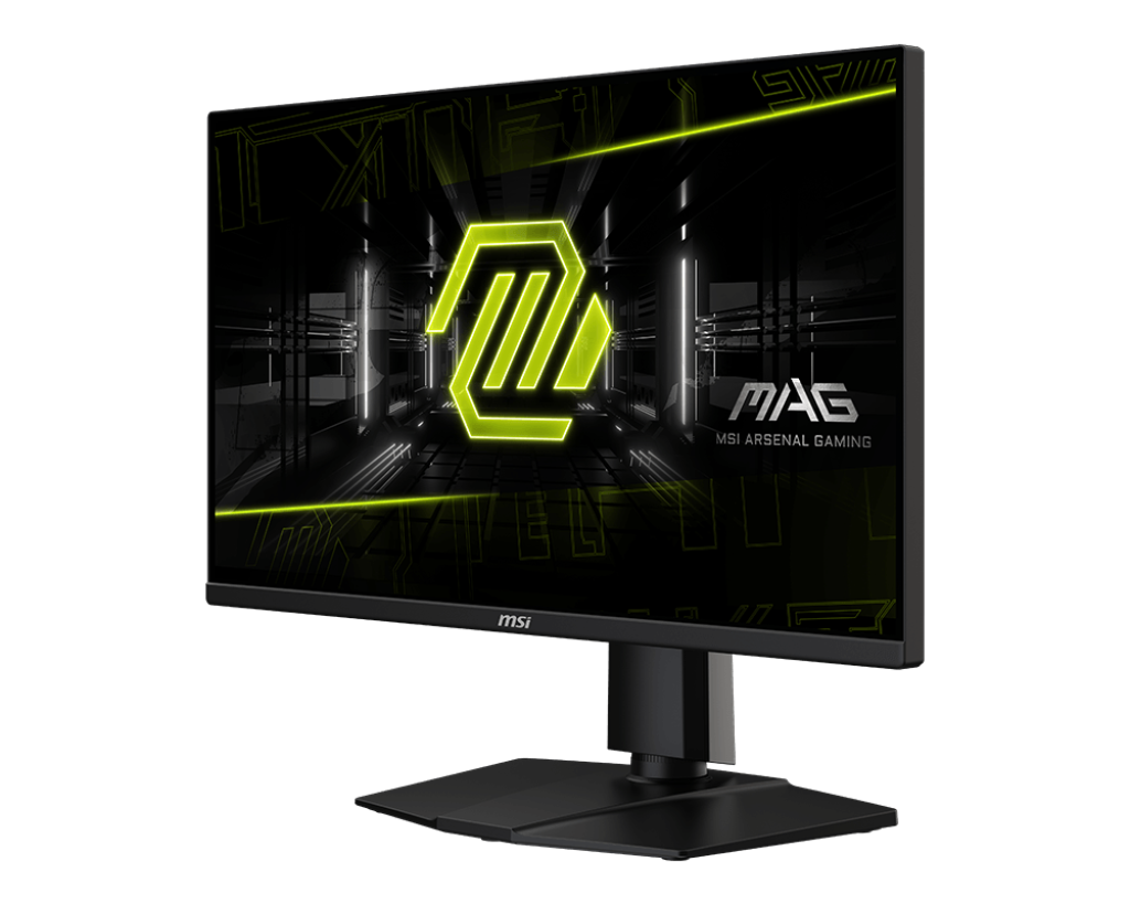 Egy fekete MSI gaming monitor élénkzöld logóval. A képernyő egy zöld-fekete grafikát jelenít meg, a "MAG MSI ARSENAL GAMING" szöveggel.