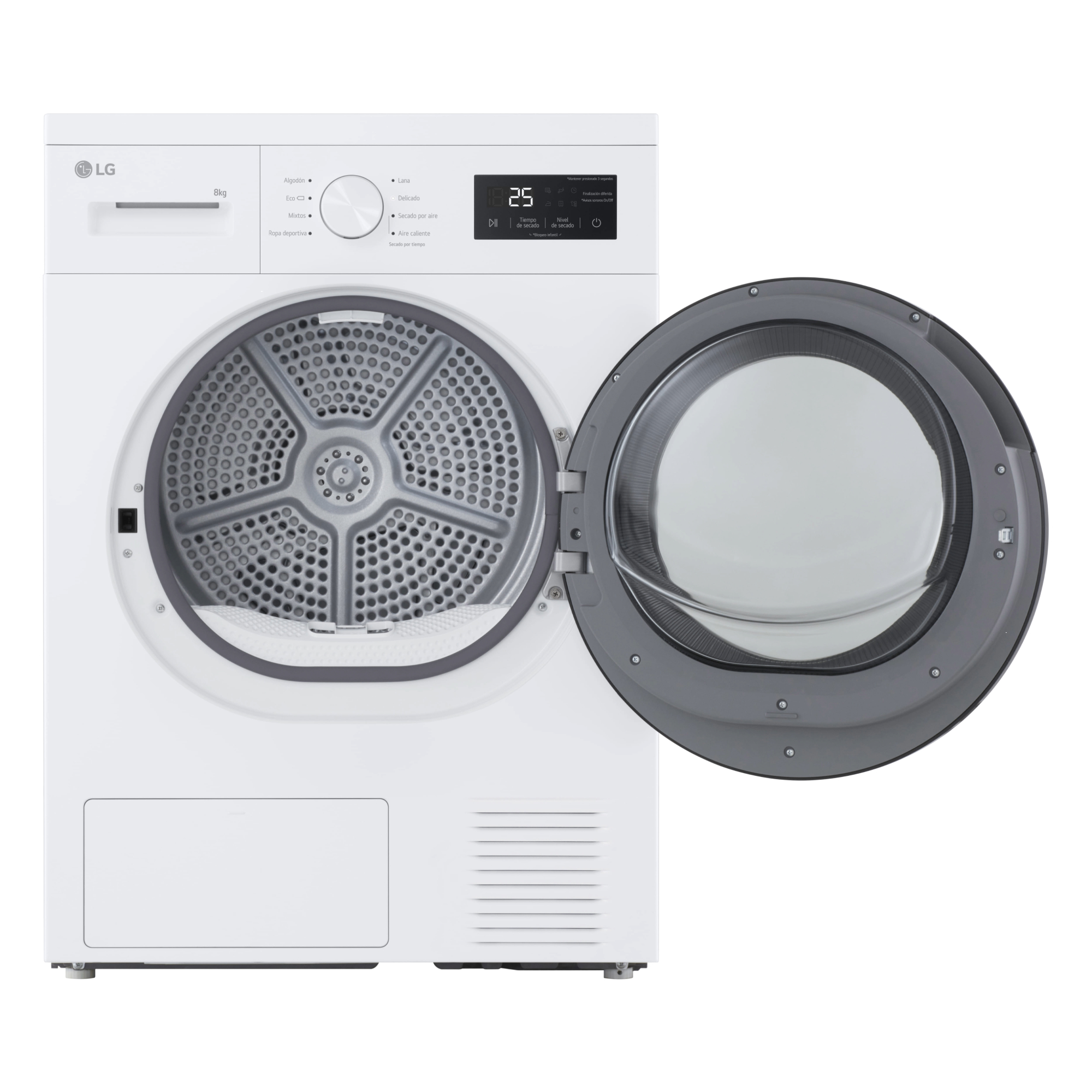 Una secadora LG blanca con la puerta abierta. Tiene una pantalla digital y un dial para diferentes ajustes de secado.
