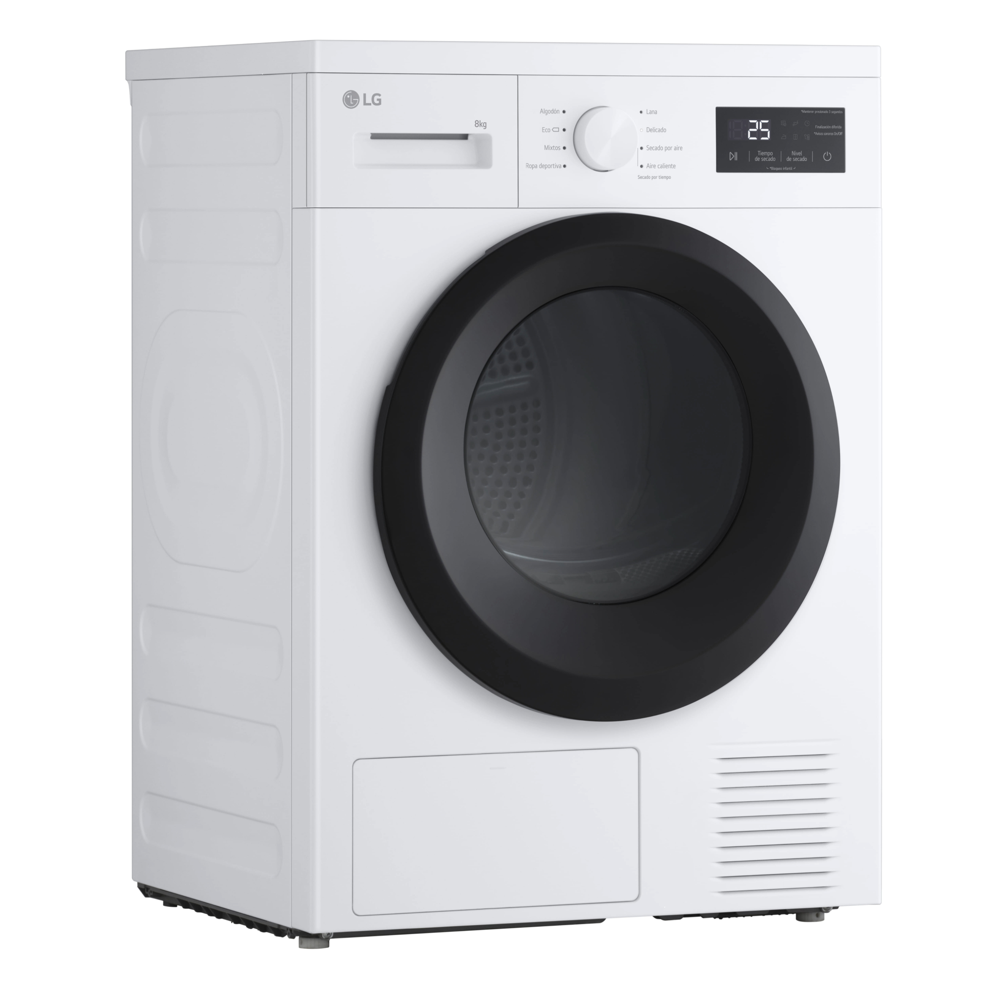 Una secadora LG blanca con puerta negra. Tiene panel de control y pantalla digital con 25.
