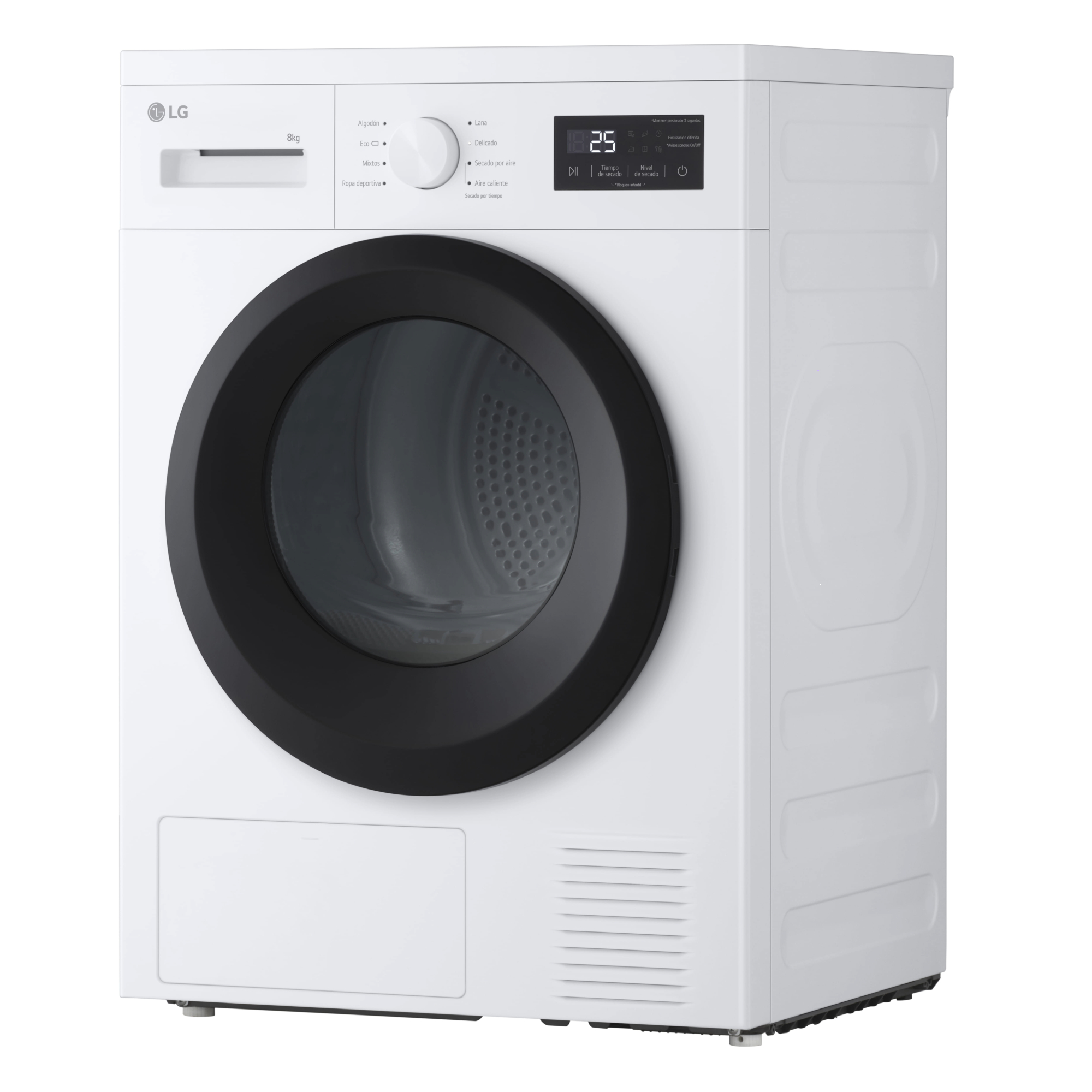 Una secadora LG blanca con puerta negra. Tiene panel de control con pantalla digital y varios ajustes.