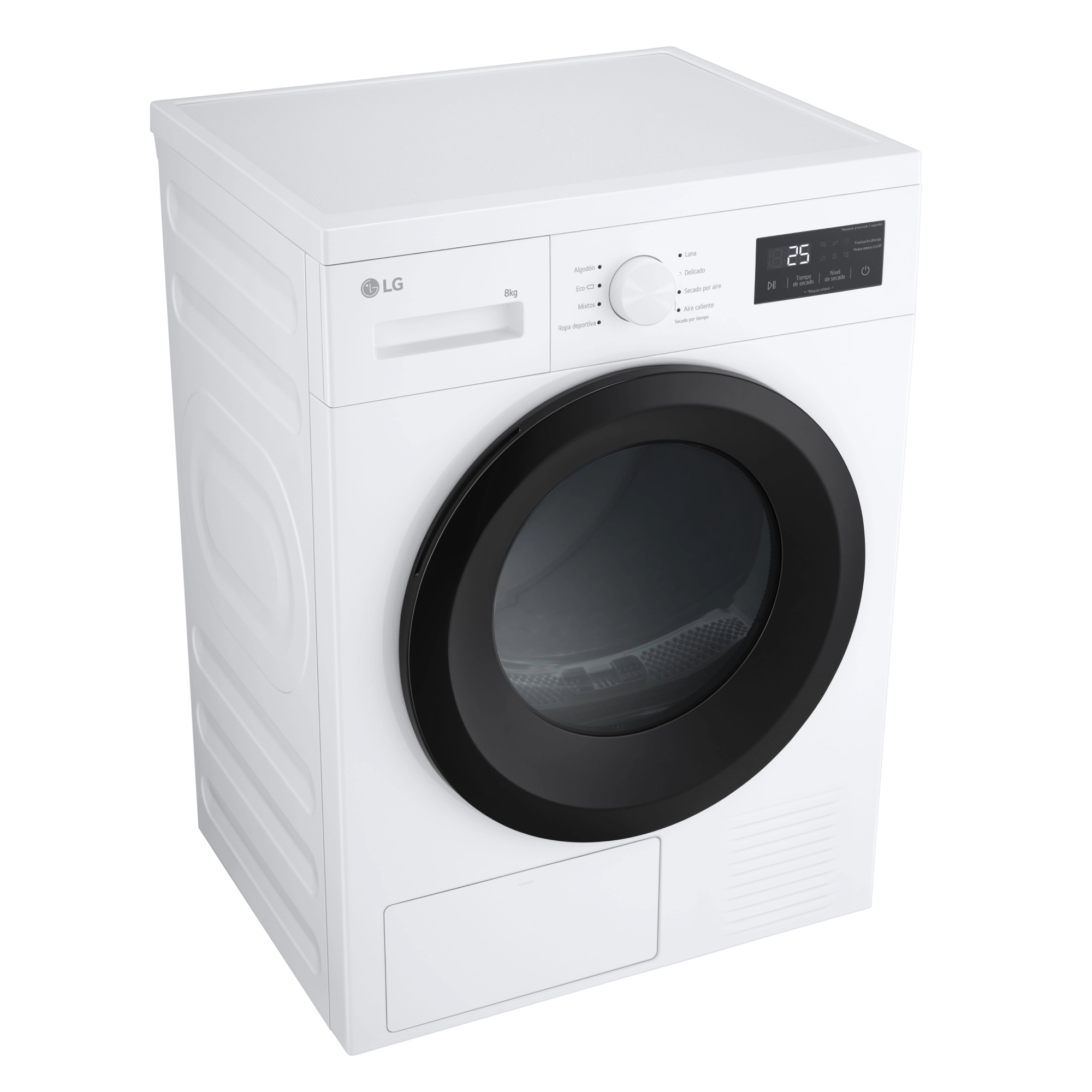 Una secadora LG blanca con puerta negra. Tiene un panel de control con pantalla digital y varios ajustes.