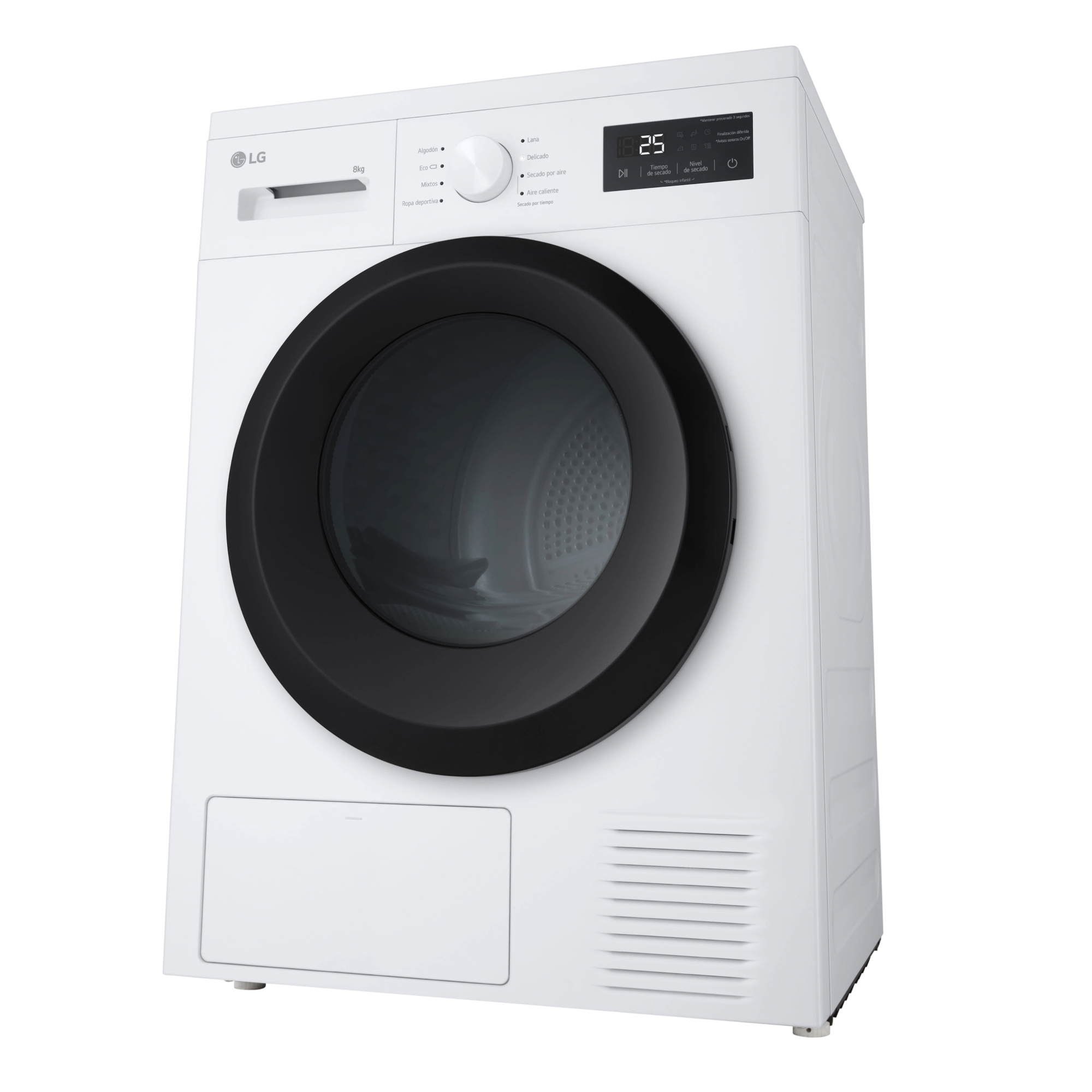 Una secadora LG blanca con puerta negra. Tiene panel de control con ajustes y pantalla digital que muestra el tiempo.