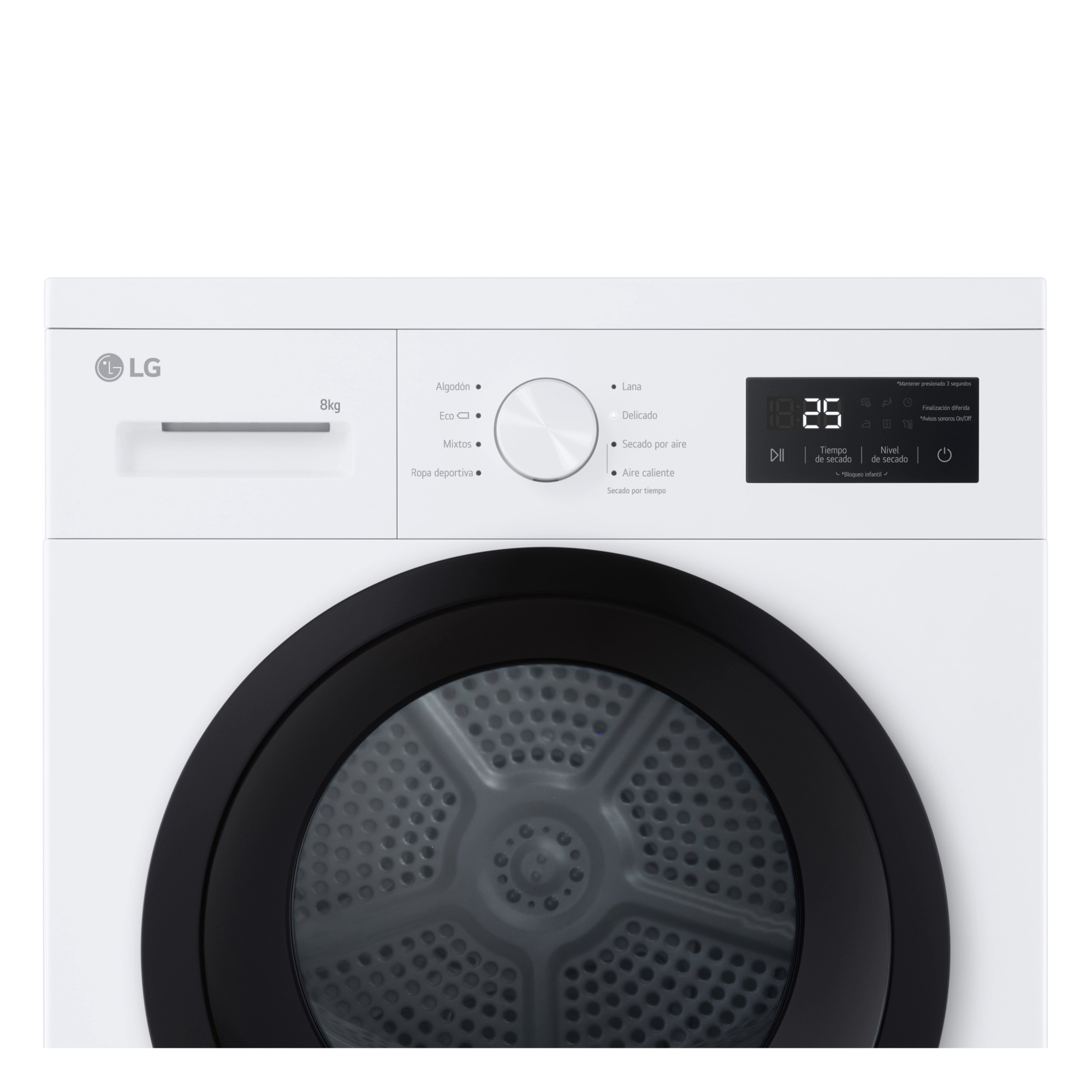 Secadora LG blanca con puerta negra. Cuenta con panel de control con pantalla digital y varias opciones de secado.