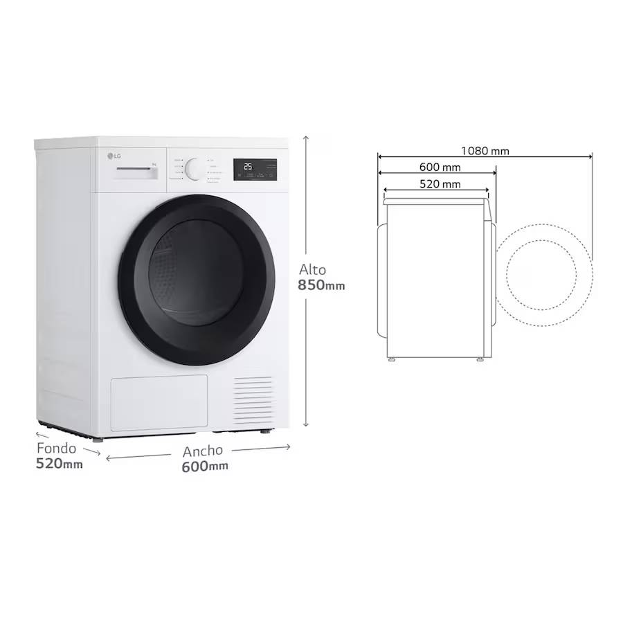 Secadora LG blanca con puerta negra y panel de control. Dimensiones: altura 850 mm, ancho 600 mm, profundidad 520 mm. Vista lateral incluida.