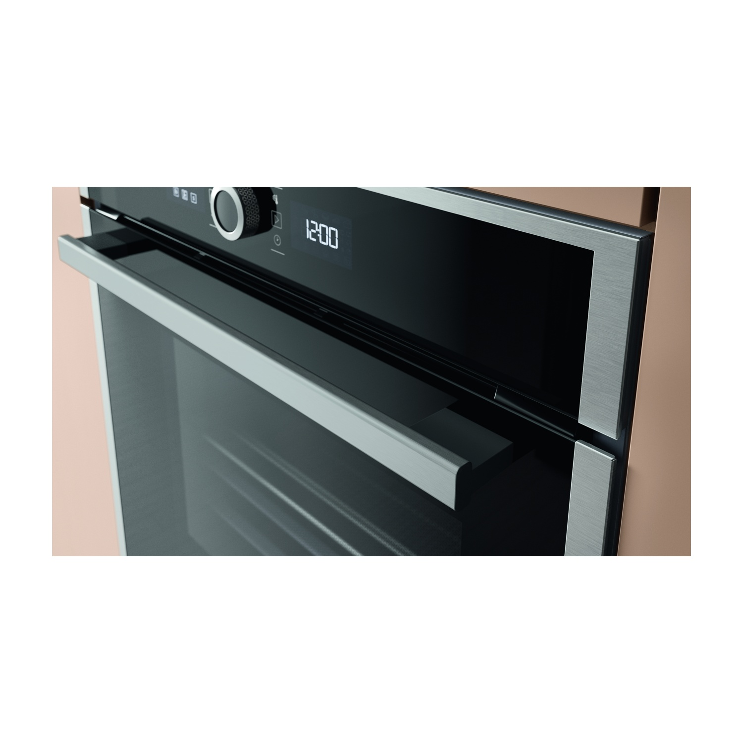 Una porta del forno con maniglia. Il display digitale mostra le 12:00. Una manopola e diversi pulsanti sono visibili sopra il display.
