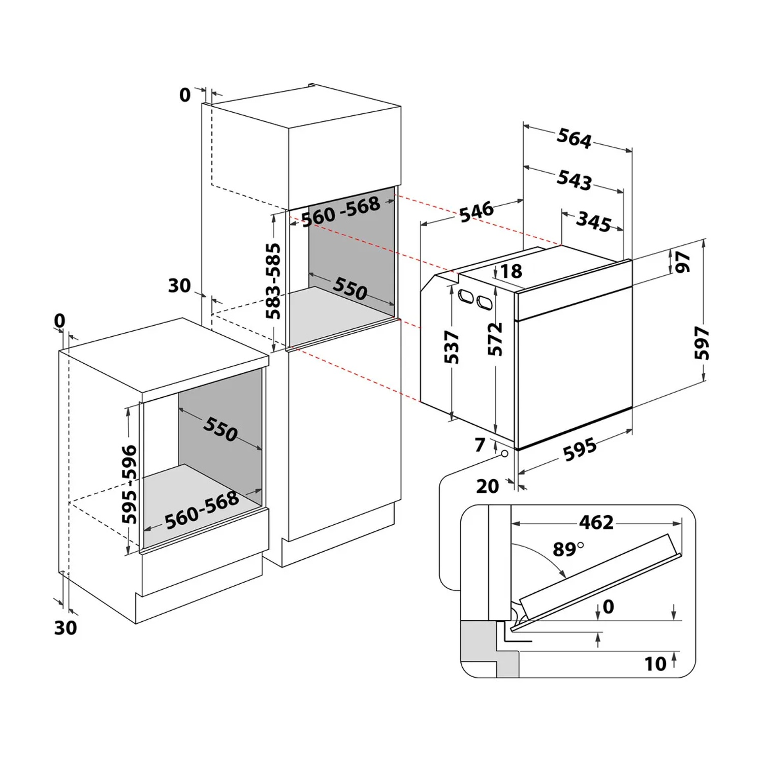 Diagramma di elettrodomestici da cucina a incasso con dimensioni in millimetri. Include un forno, un microonde e un mobile basso.