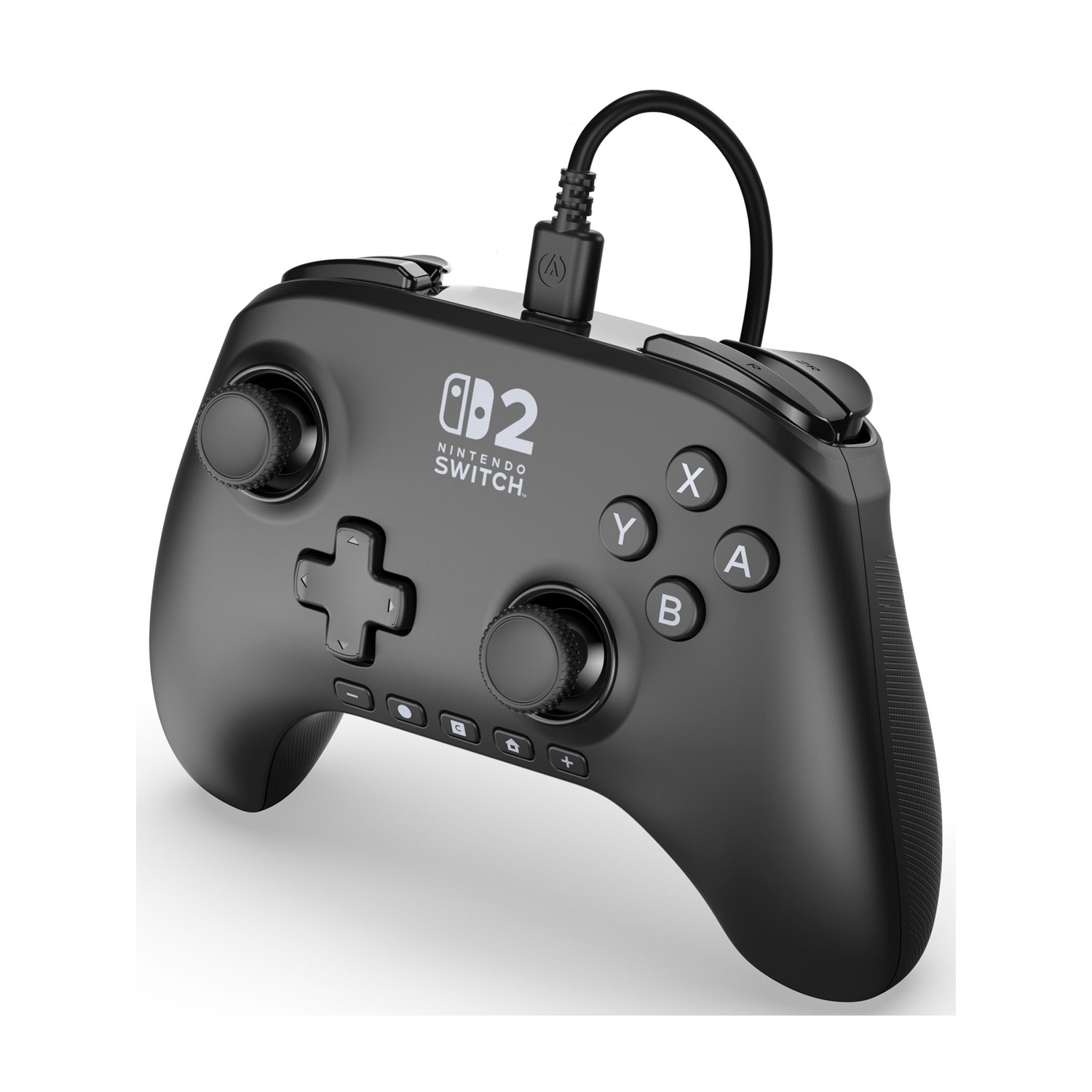 Controller nero Nintendo Switch con cavo USB-C. Pulsanti: A, B, X, Y, più tasti direzionali e levette.