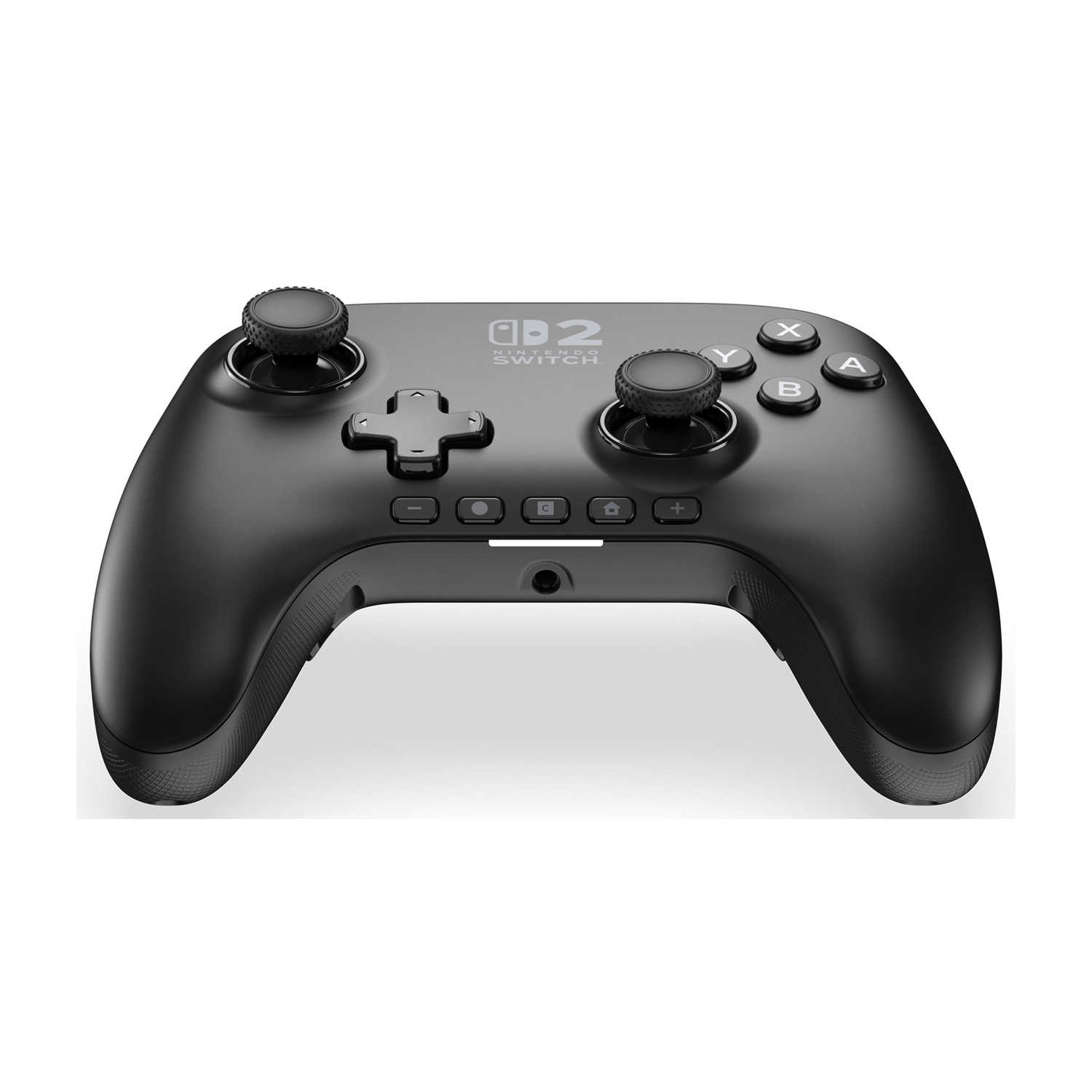 Un controller nero per Nintendo Switch. Ha due joystick, un D-pad, pulsanti e il logo Nintendo Switch.