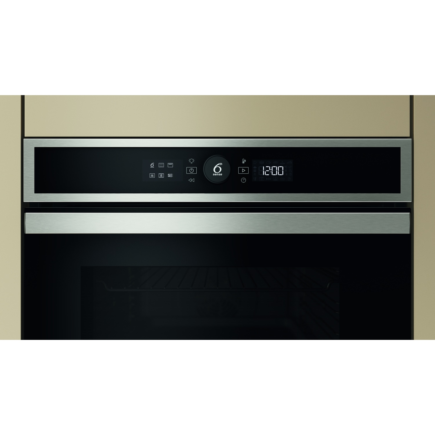 Forno con display digitale che mostra 12:00 e pannello di controllo. Il forno è nero, con finiture in acciaio inox e contorno beige.
