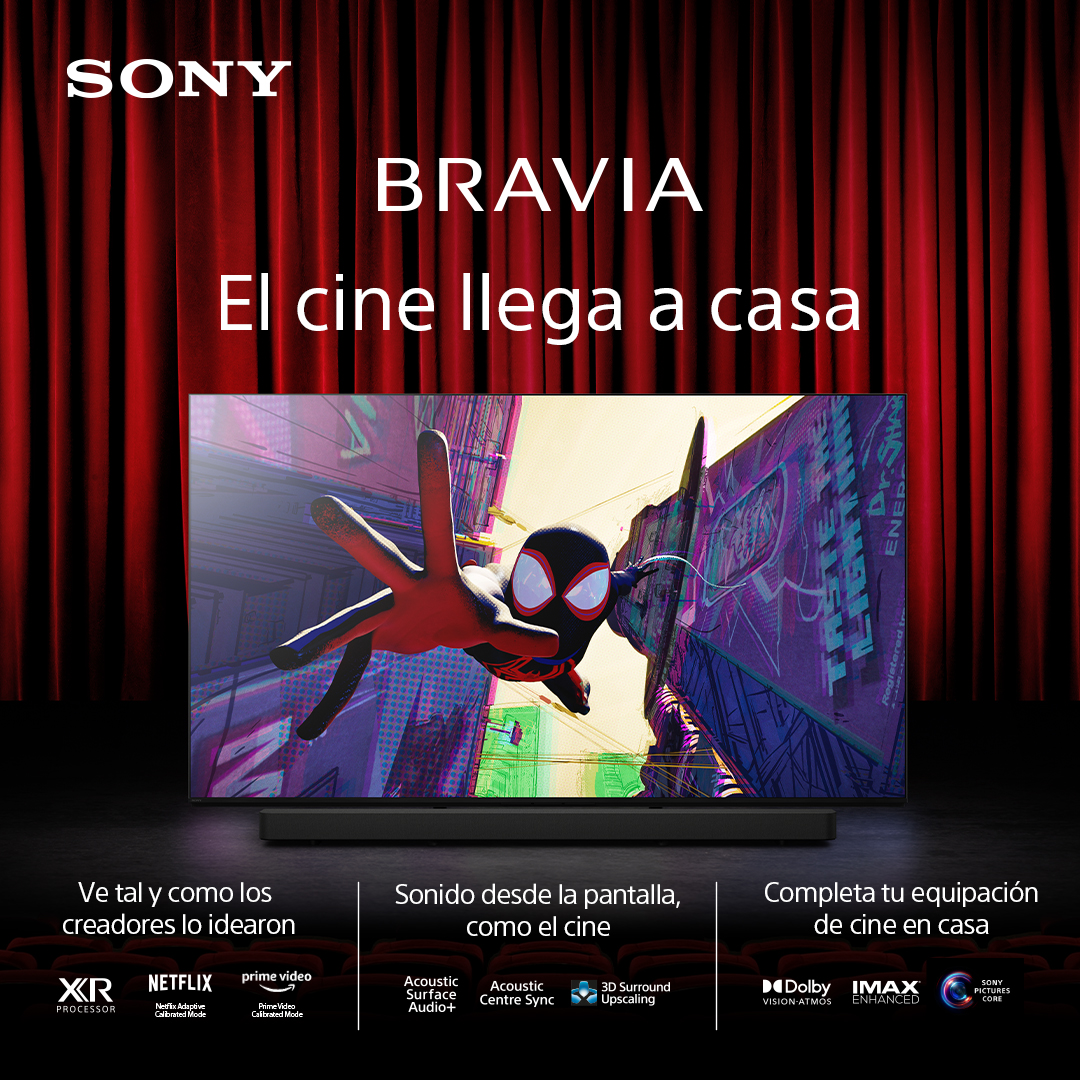TV Sony Bravia. Spiderman en acción. Fondo cortina roja. Texto: 'El cine llega a casa'. Características: Dolby, IMAX, XR Processor.