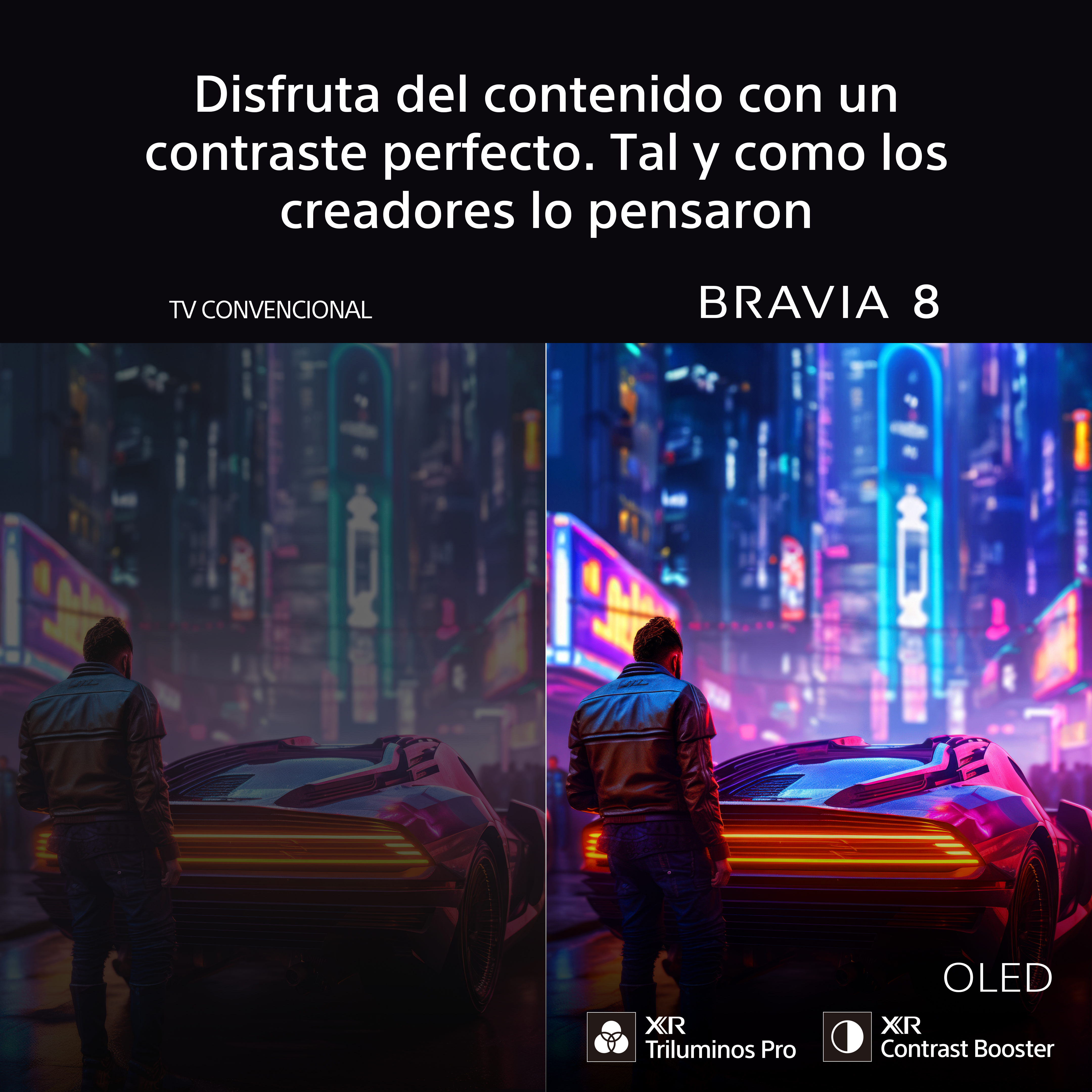 Un hombre frente a dos pantallas. Una muestra una escena apagada, la otra una ciudad vibrante con luces de neón y un coche.