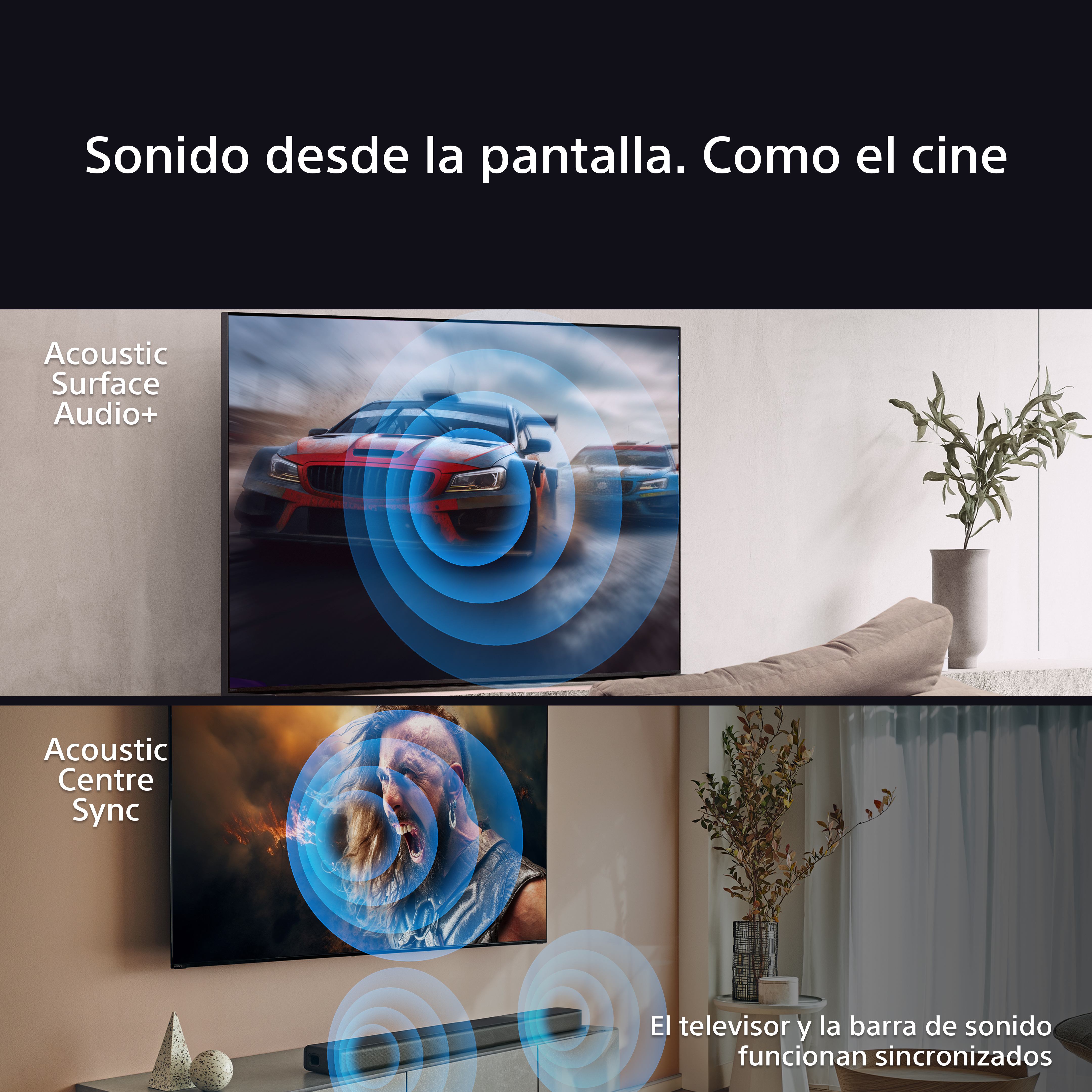 Pantalla de TV con coches de carreras. Abajo, la cara de un hombre. Ondas de sonido muestran las funciones de audio.