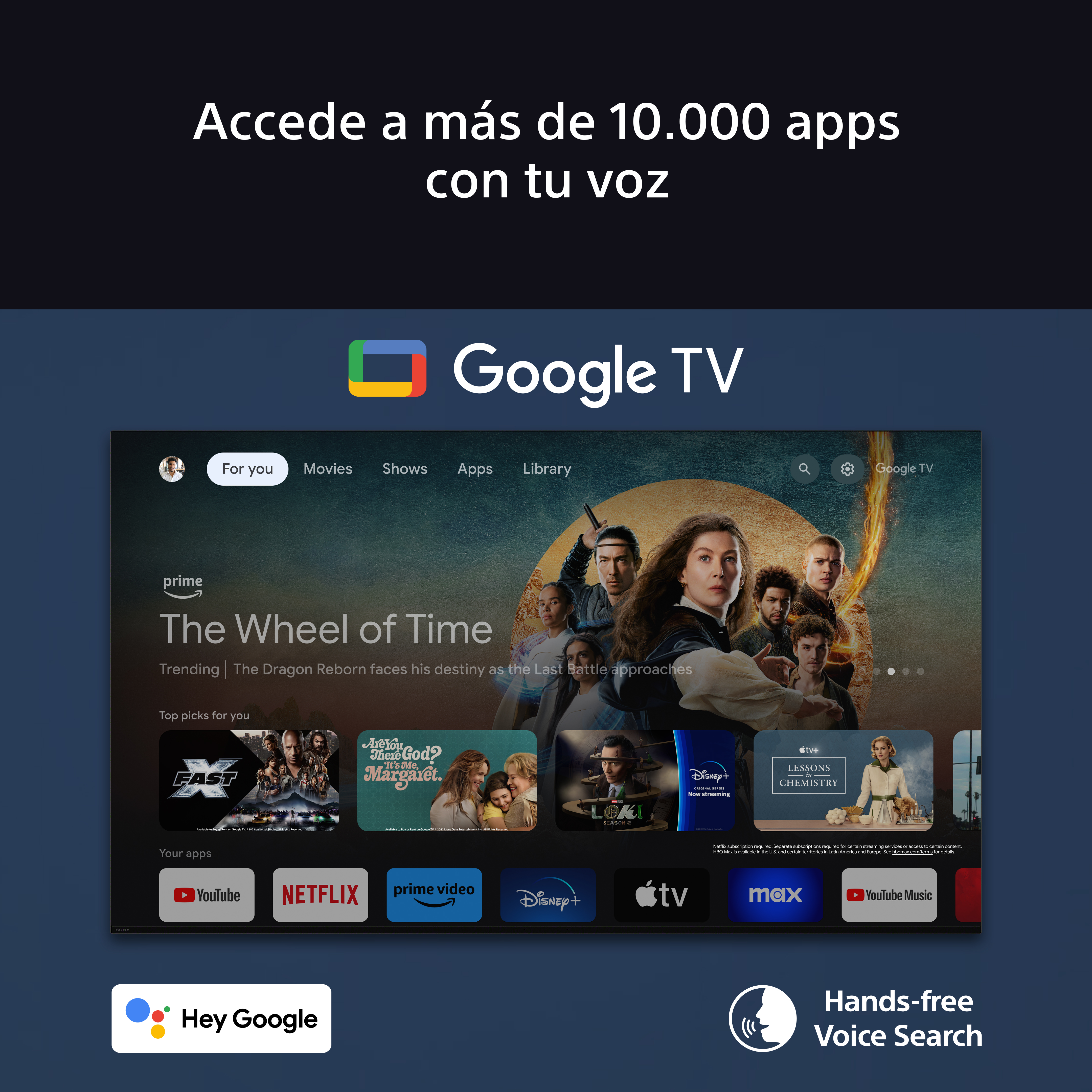 Se muestra una interfaz de Google TV con miniaturas de películas y aplicaciones, y un botón 'Hey Google'.