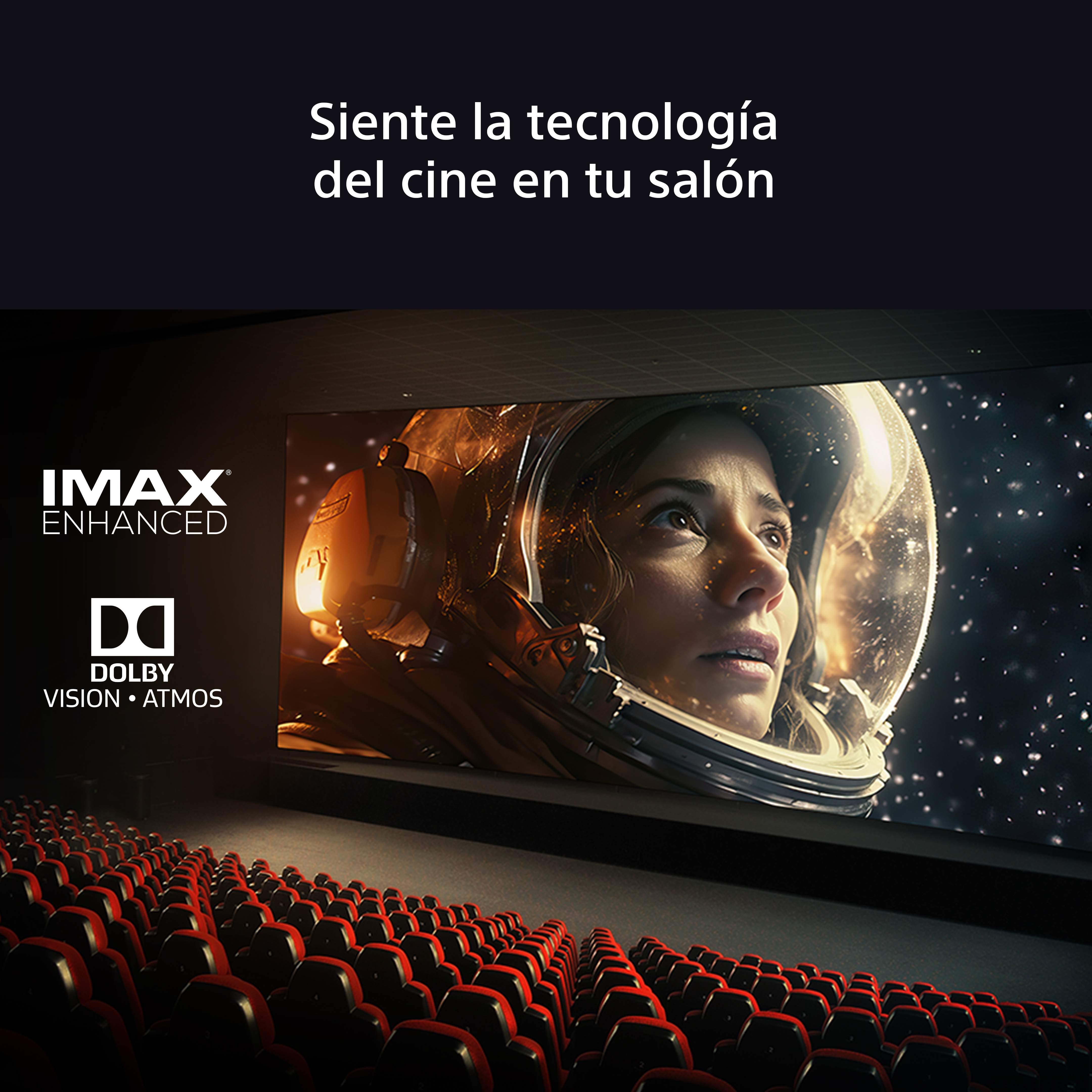 Una mujer con casco espacial en una pantalla de cine. Asientos rojos llenan el primer plano. Logos de IMAX y Dolby son visibles.