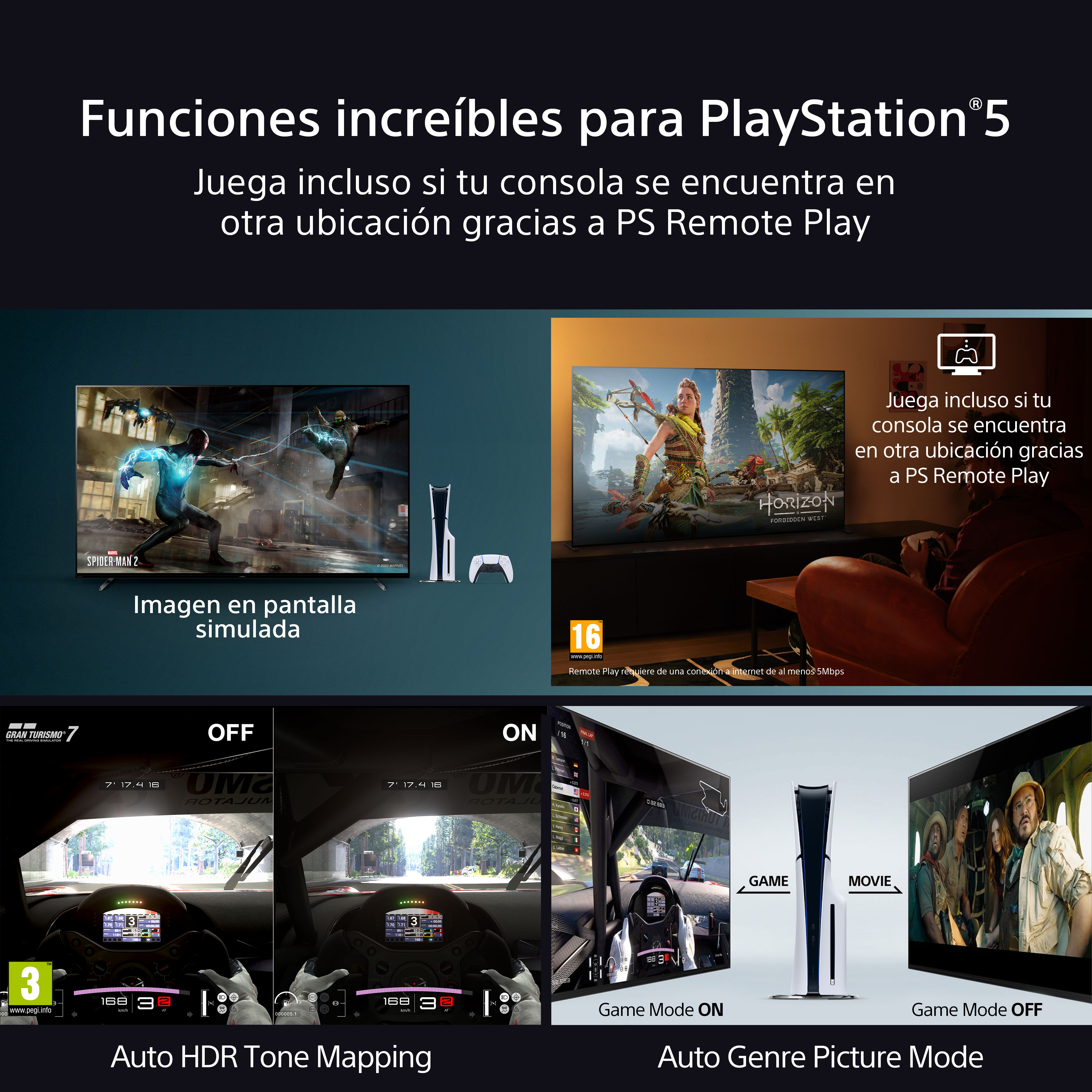 Anuncio de PlayStation 5 muestra juegos, consola y escenas de películas. Incluye juego remoto y mapeo de tonos HDR.
