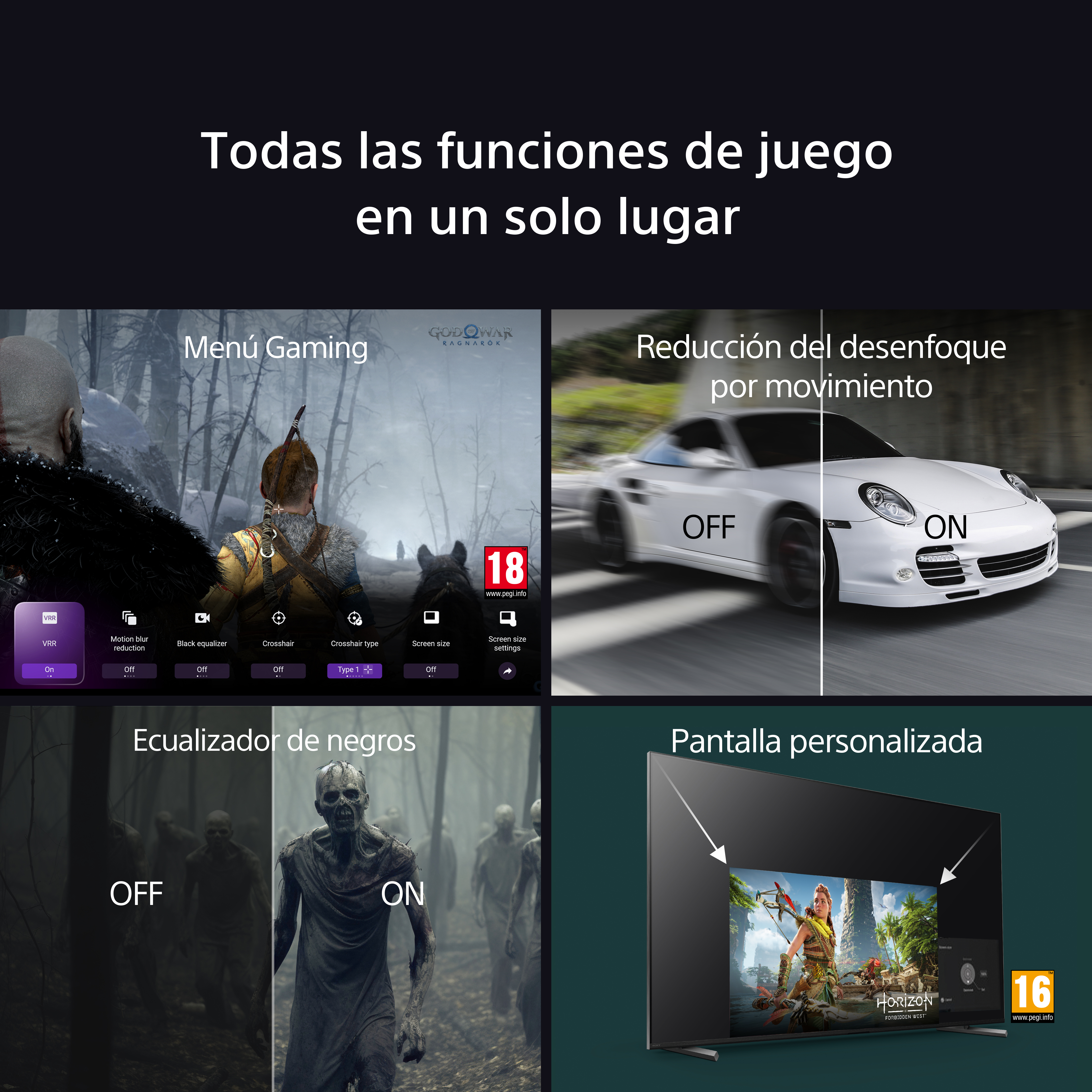 La imagen muestra funciones de juego: VRR, reducción de desenfoque de movimiento, ecualizador de negros, mirilla, tamaño de pantalla y pantalla personalizada.