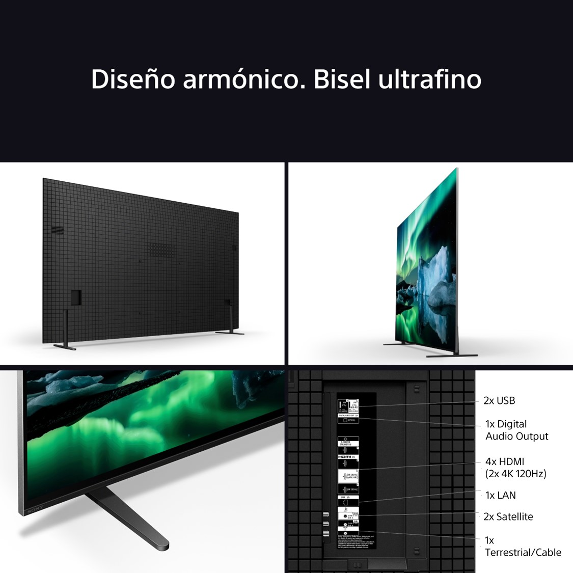Un televisor moderno muestra su diseño y características. Las pantallas incluyen puertos, con etiquetas como HDMI, USB y LAN.