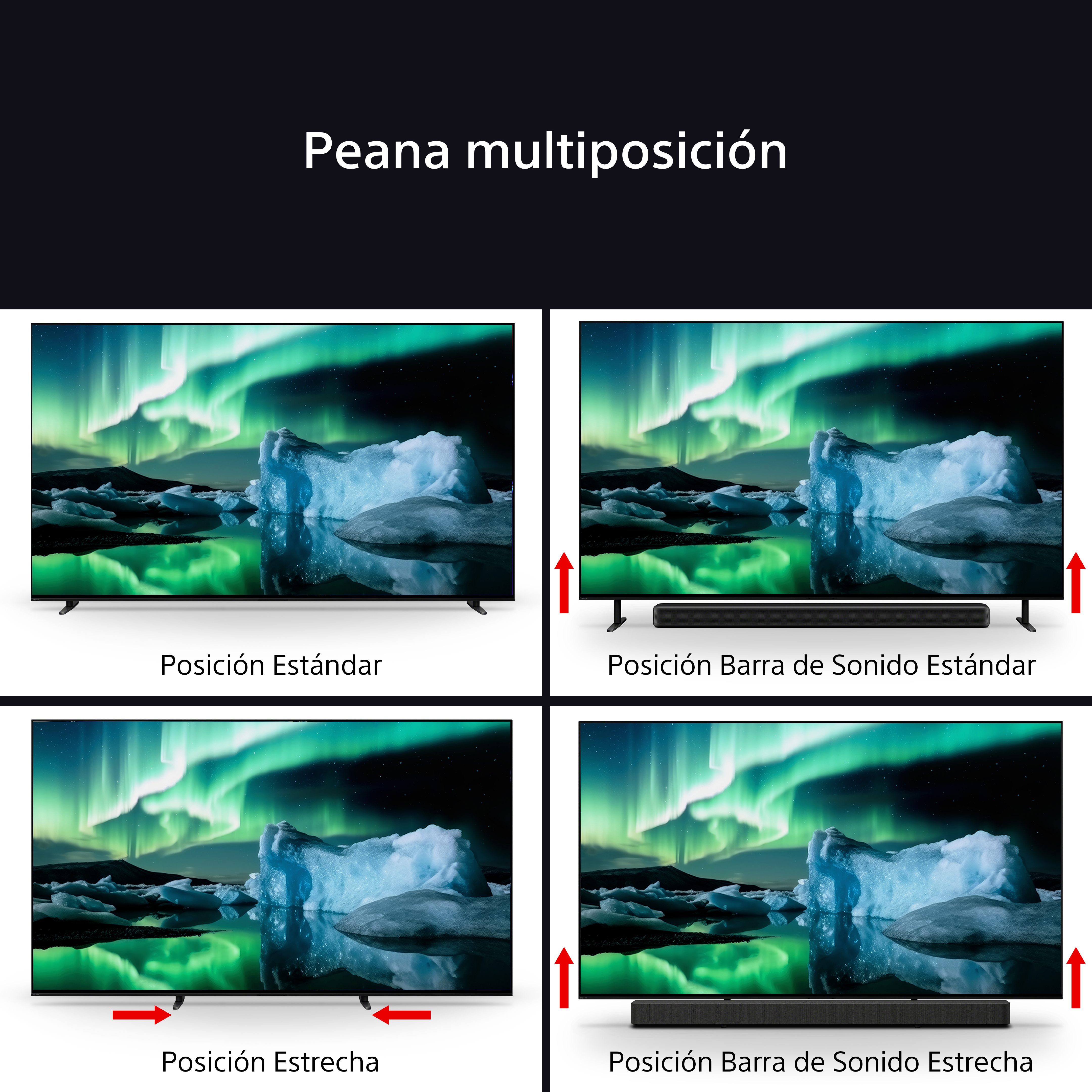 La imagen muestra un televisor con diferentes configuraciones de soporte. El texto dice 'Peana multiposición'.
