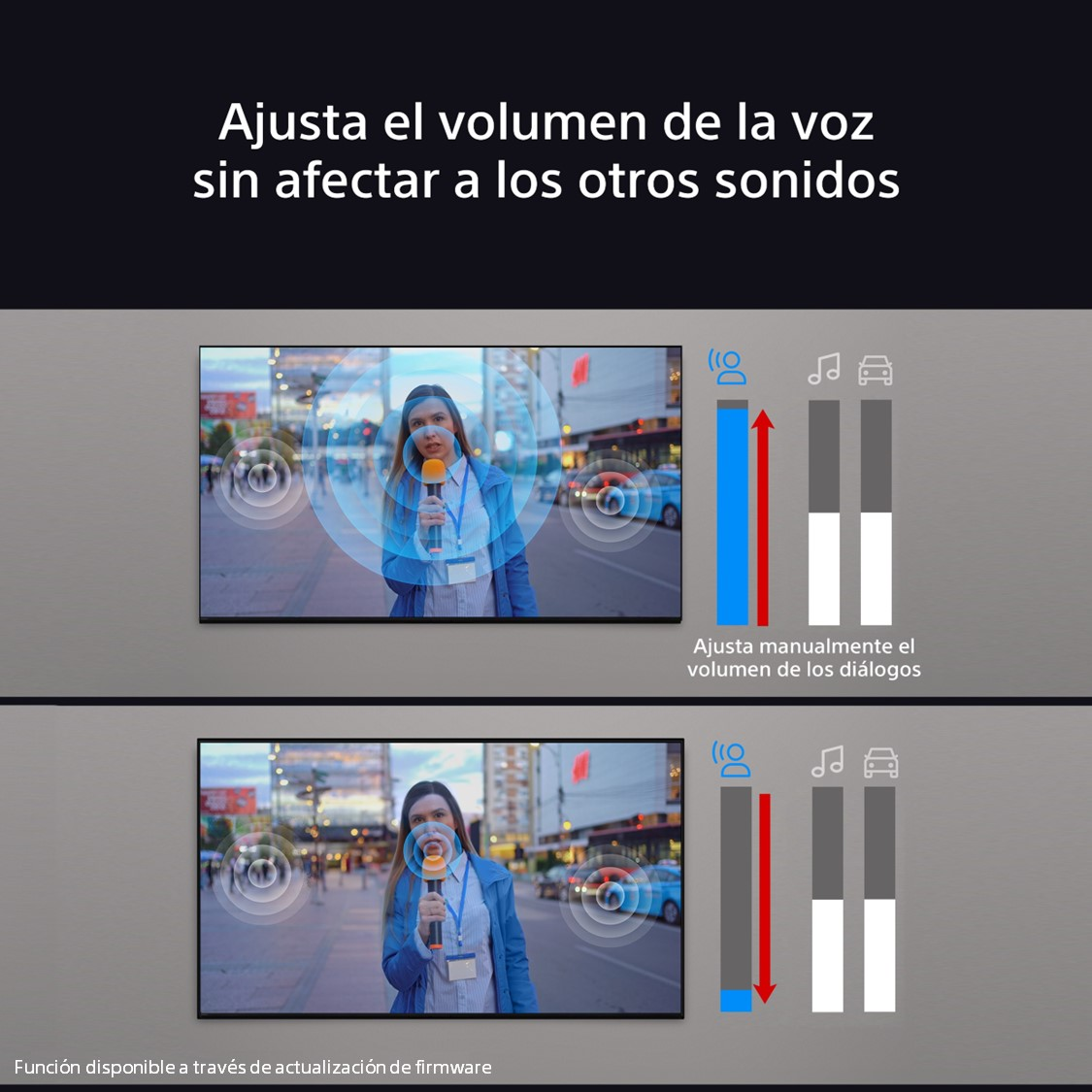La imagen muestra a una mujer en TV con un micrófono. Ilustra el ajuste del volumen de voz sin afectar otros sonidos.