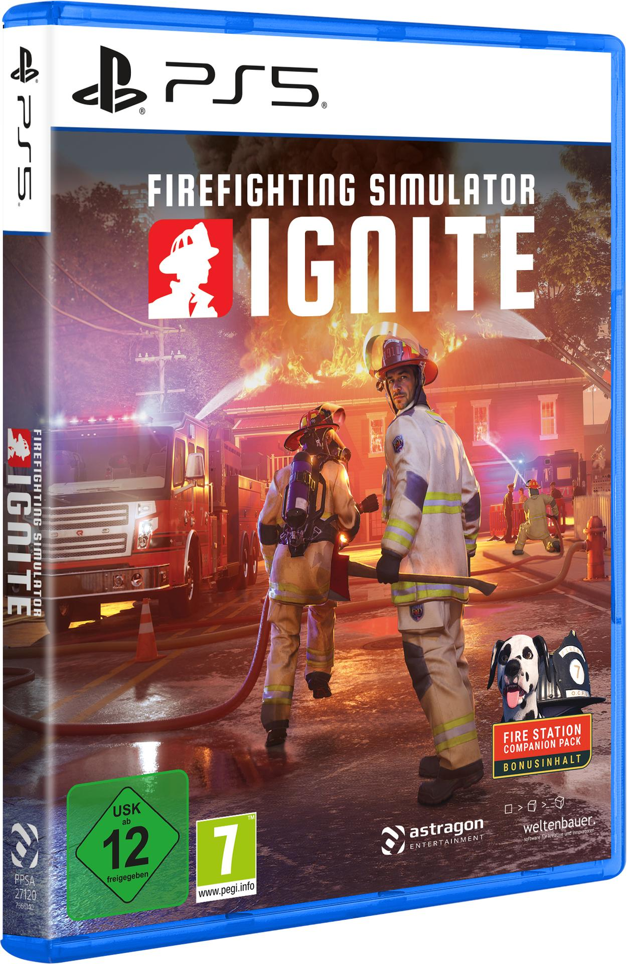Feuerwehrleute bekämpfen ein Hausfeuer. Das Cover von "Firefighting Simulator: Ignite" zeigt Flammen, ein Feuerwehrauto und einen Dalmatiner.