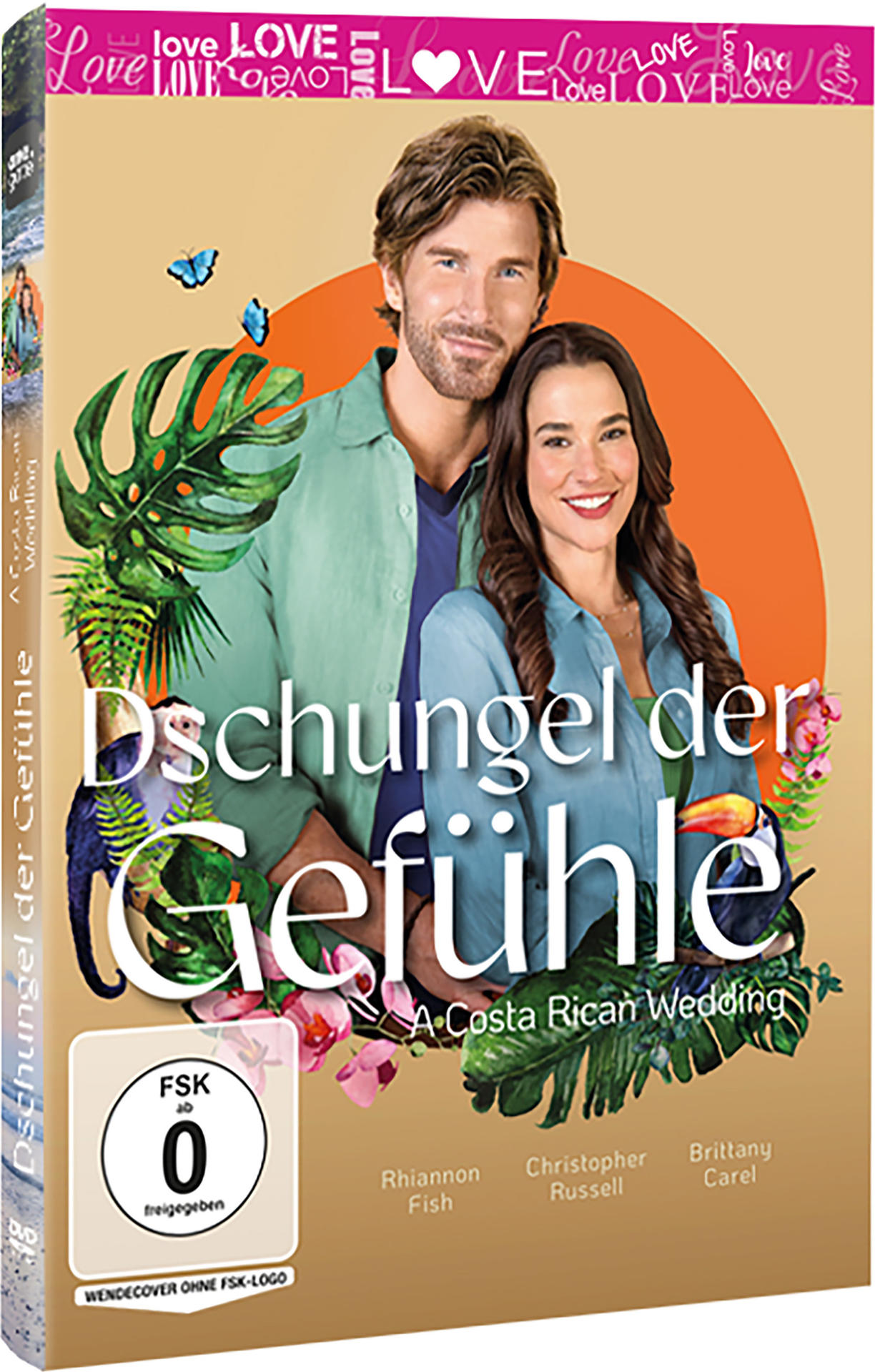DVD-Cover mit Paar, tropischem Laub, Tukan und Titel 'Dschungel der Gefühle'. Enthält Schauspieler und Altersfreigabe.