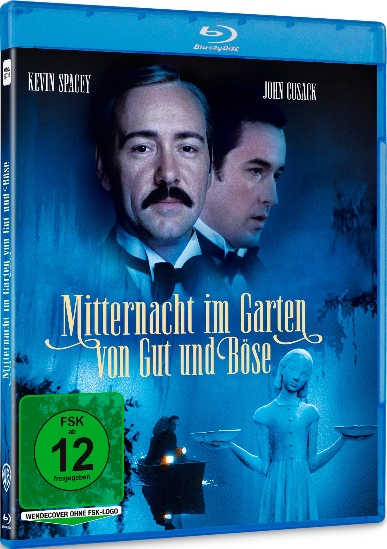 Blu-ray-Cover: Kevin Spacey und John Cusack. Titel: Mitternacht im Garten von Gut und Böse. Eine Statue und ein Boot im Hintergrund.