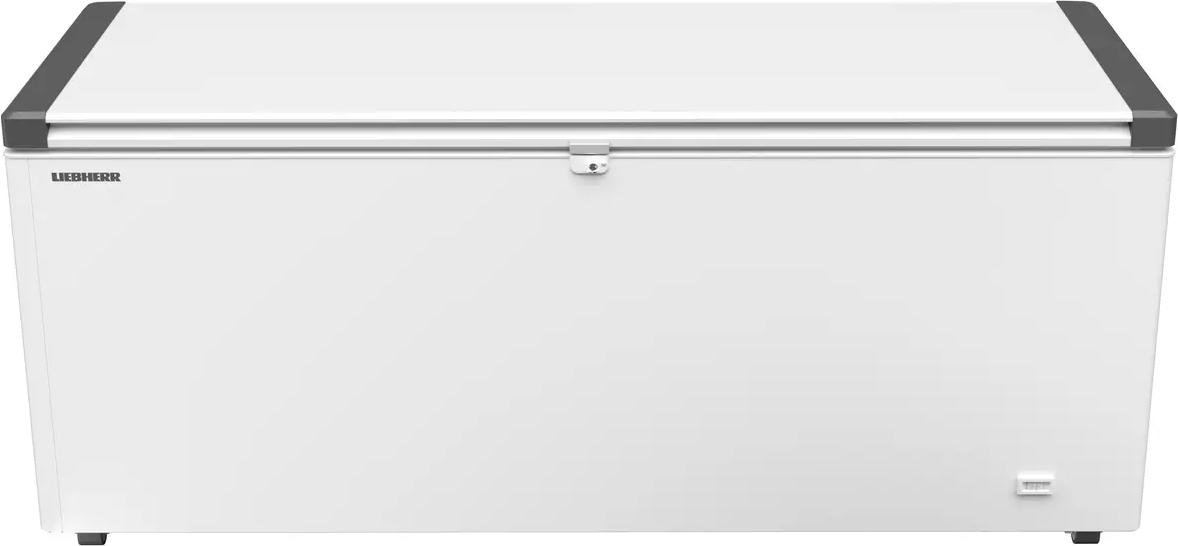 Eine weiße Truhe mit grauem Deckel. Das Liebherr-Logo ist sichtbar. Sie hat einen Riegel und ein kleines Bedienfeld.
