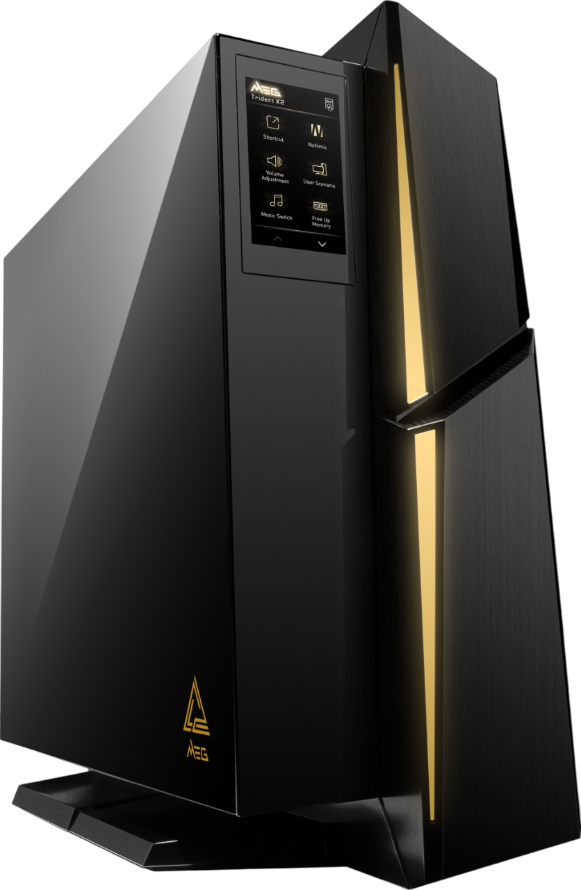 Schwarzer Computerturm mit goldenen Akzenten und einem Bildschirm. Zeigt Verknüpfungen, Lautstärke, Musik und andere Einstellungen an.