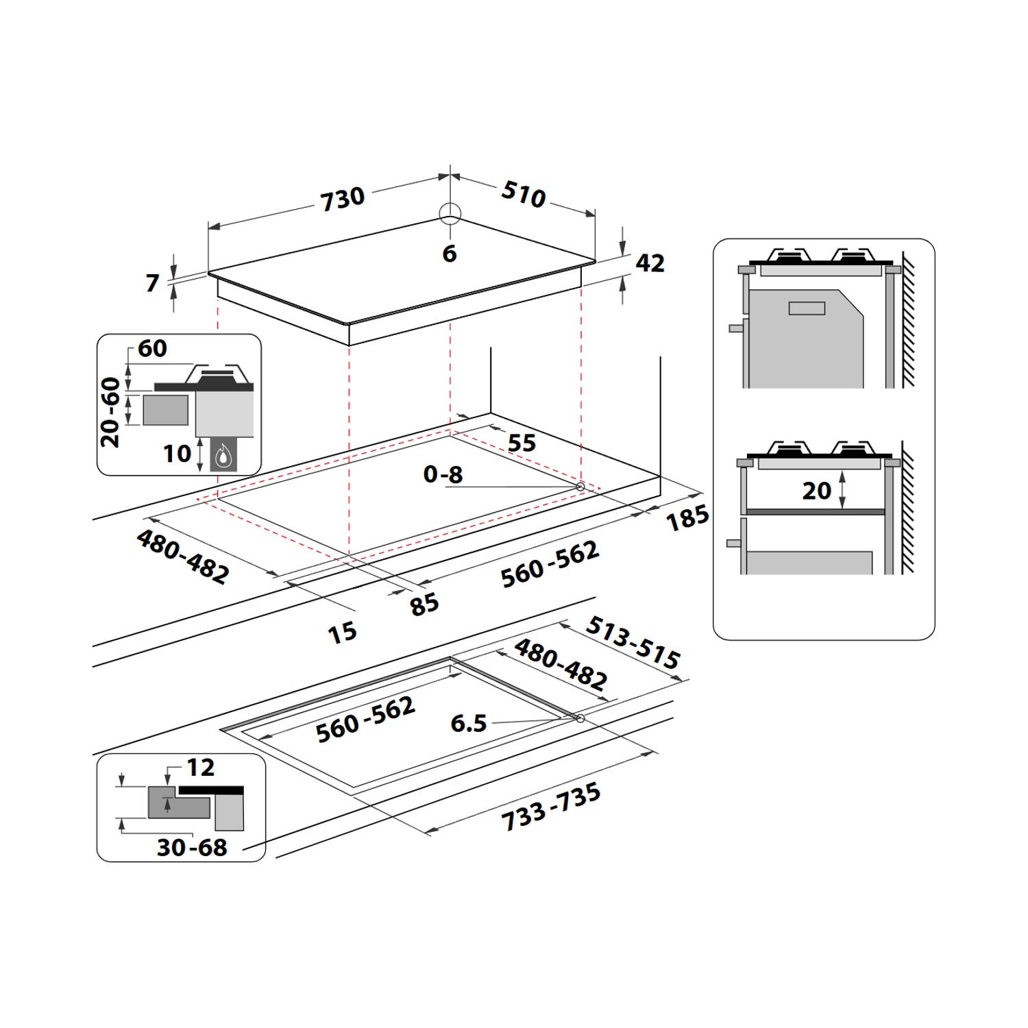 Un diagramma con le dimensioni di un piano cottura, inclusi i dettagli del ritaglio e le misure complessive. Sono mostrati anche diversi dettagli ingranditi.
