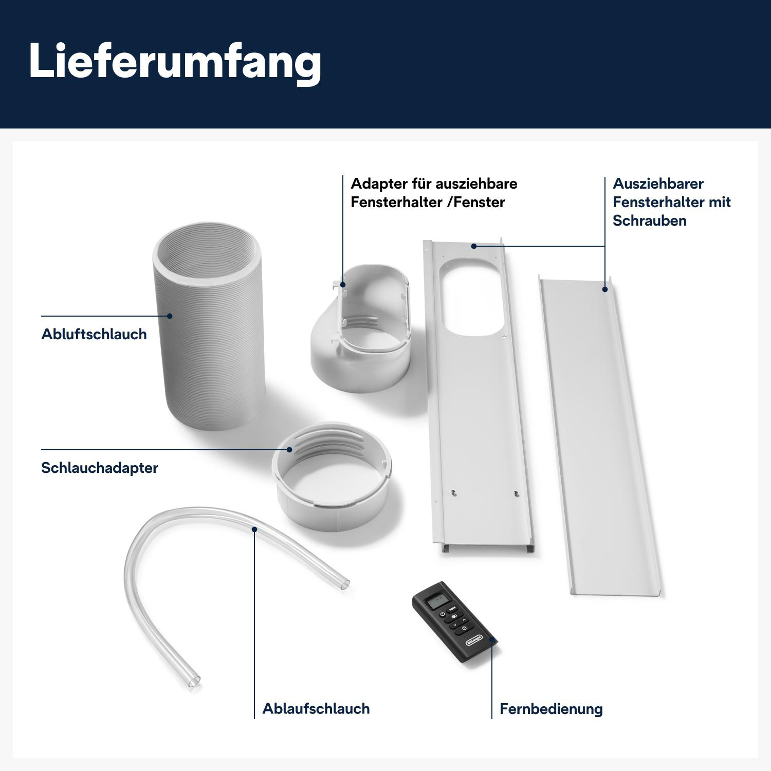 Illustration von Klimaanlagenteilen. Enthält einen Abluftschlauch, Fensteradapter, Schlauchadapter, Fernbedienung und Fensterhalter.