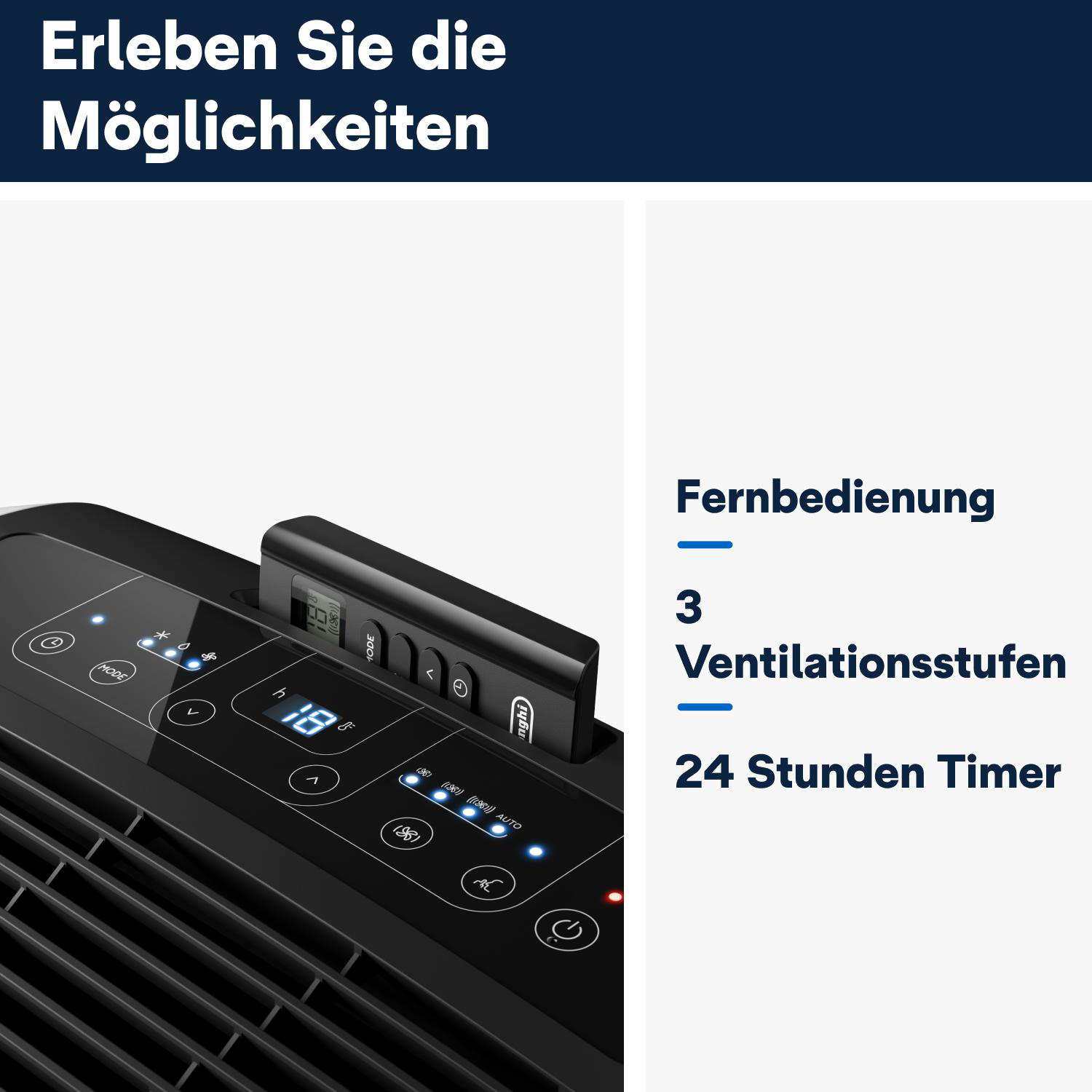 Ein schwarzer Klimaanlage mit Fernbedienung. Es hat eine Digitalanzeige, die '18' anzeigt. Text lautet 'Fernbedienung' und '24 Stunden Timer'.