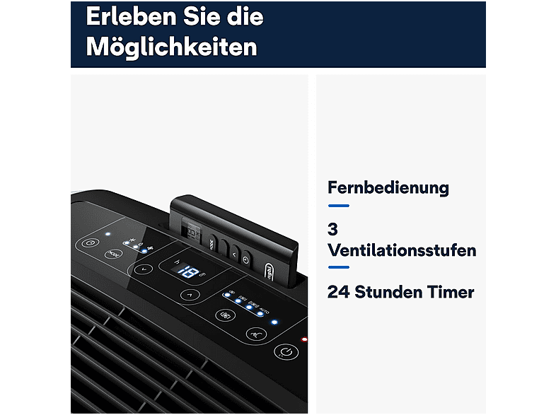 DELONGHI Pinguino PAC EM93K.1 Silent, 3-in1: Kühlung, Entfeuchtung, Ventilation, leises mobiles Klimagerät Weiß/Schwarz (Max. Raumgröße: 95 m³, EEK: A)
