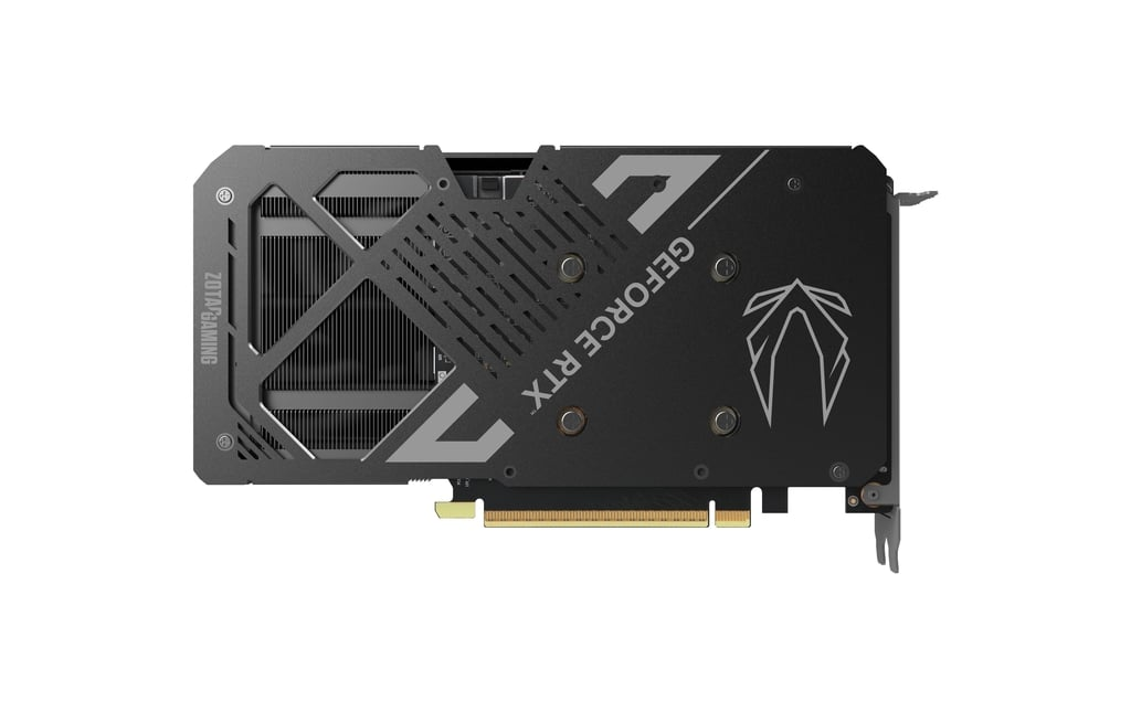 Eine schwarze und silberne ZOTAC GAMING GeForce RTX Grafikkarte. Details umfassen das ZOTAC-Logo, RTX-Branding und ein stilisiertes Design.