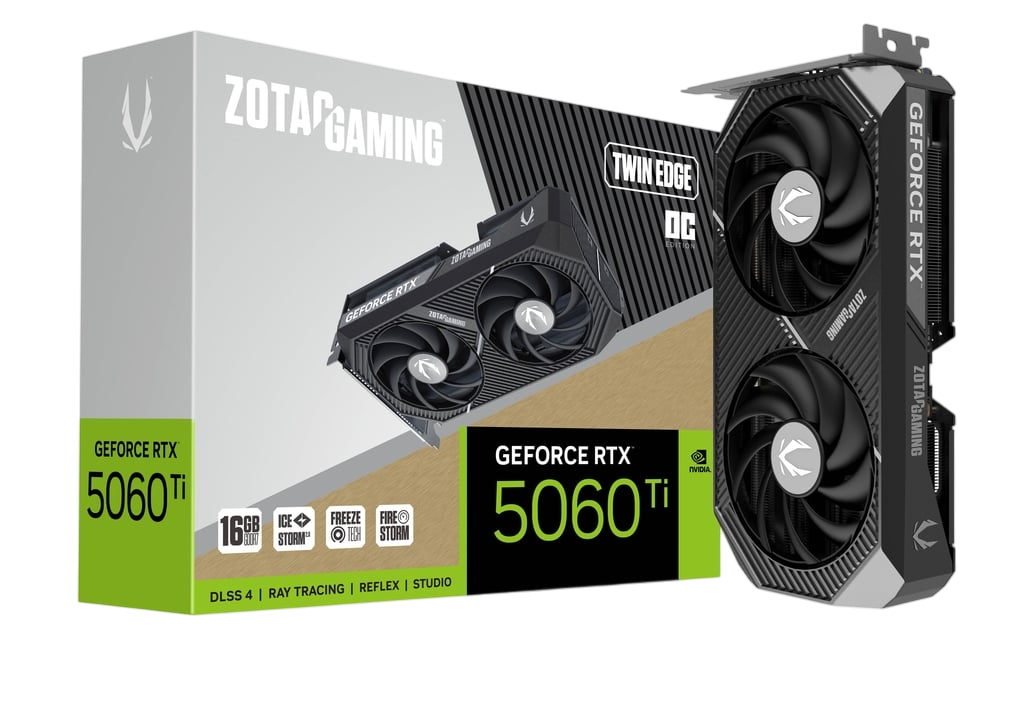 Eine Zotac Gaming GeForce RTX 5060 Ti Grafikkarte und ihre Box werden angezeigt. Die Karte hat schwarze Lüfter und ein silbernes Logo.