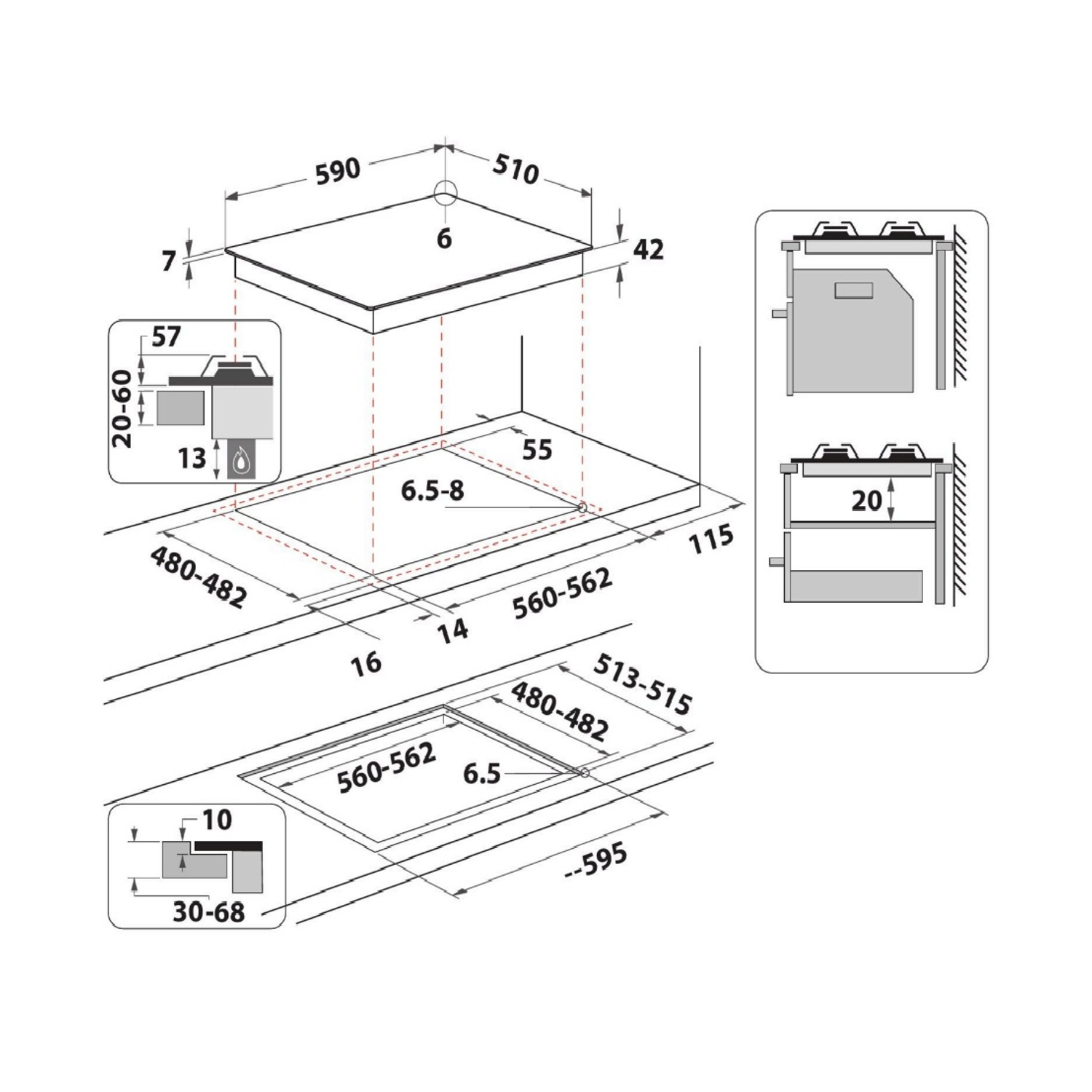 Disegno tecnico di un piano cottura con misure e dimensioni di taglio in millimetri. Sono mostrati i dettagli dei componenti del piano.