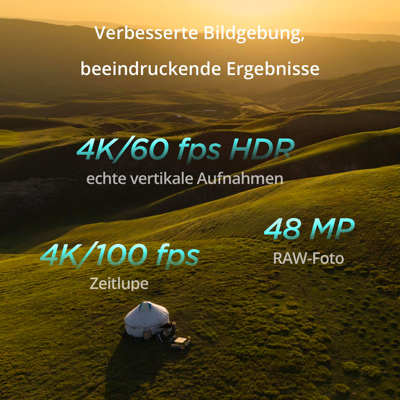 Grüne Hügel bei Sonnenuntergang. Text wirbt für 4K-Videofunktionen und 48MP-RAW-Fotos.