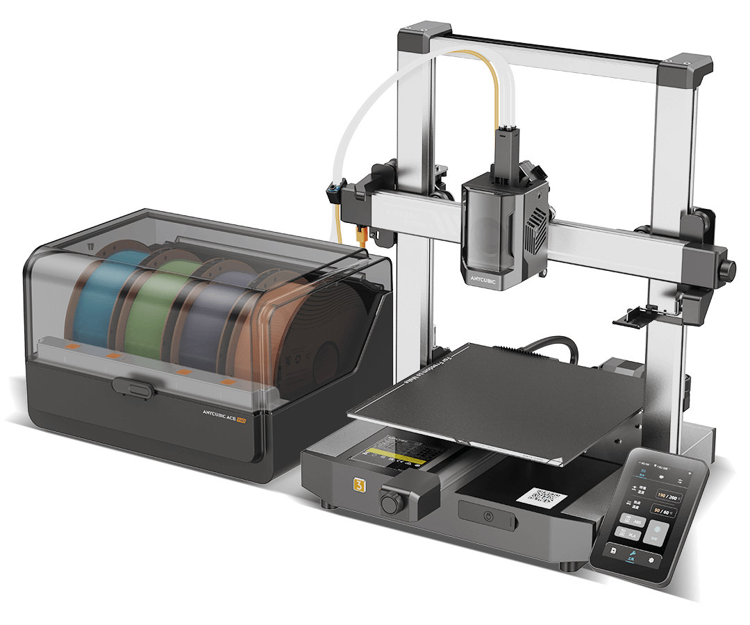 Drukarka 3D ze szpulami filamentu. Drukarka jest srebrna i czarna. Ekran wyświetla ustawienia. Szpule są niebieskie, zielone, szare i brązowe.