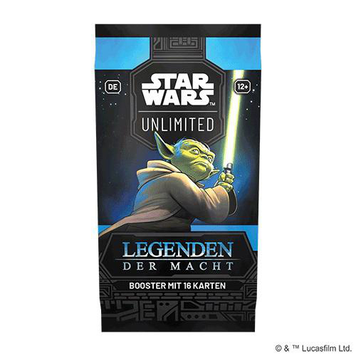 Eine Star Wars-Sammelkartenpackung mit Yoda, der ein Lichtschwert hält. Der Text lautet "UNLIMITED" und "LEGENDEN DER MACHT".