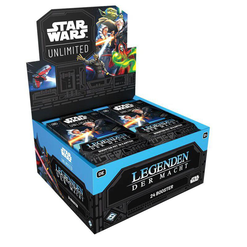 Eine Star Wars Unlimited-Kartenausstellungsbox. Sie hat den Text 'LEGENDEN DER MACHT' und Bilder von Charakteren. Die Box ist blau und schwarz.