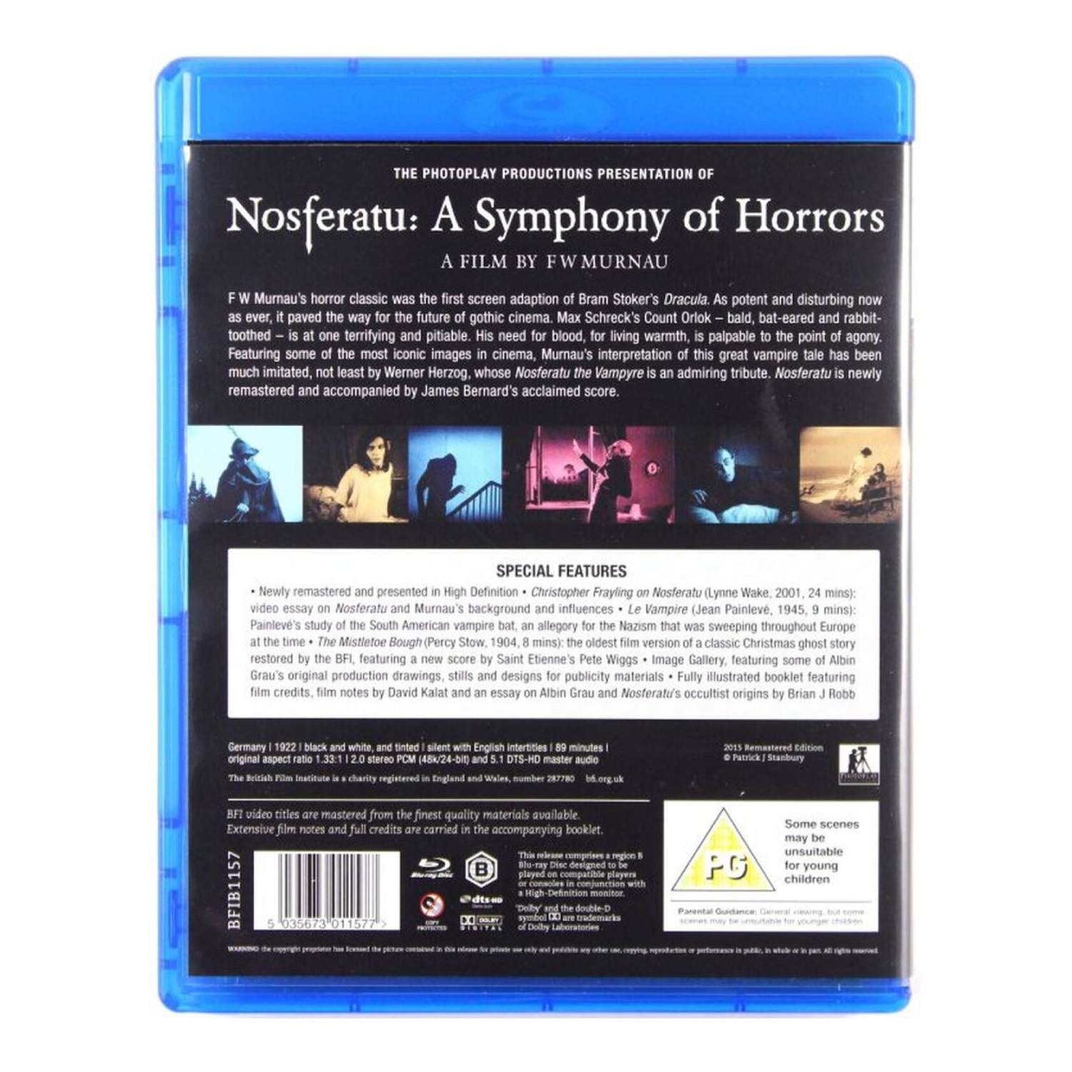 Boîtier Blu-ray pour 'Nosferatu'. Couverture noire avec texte et images. Boîtier bleu. Inclut des fonctionnalités spéciales et des avertissements.