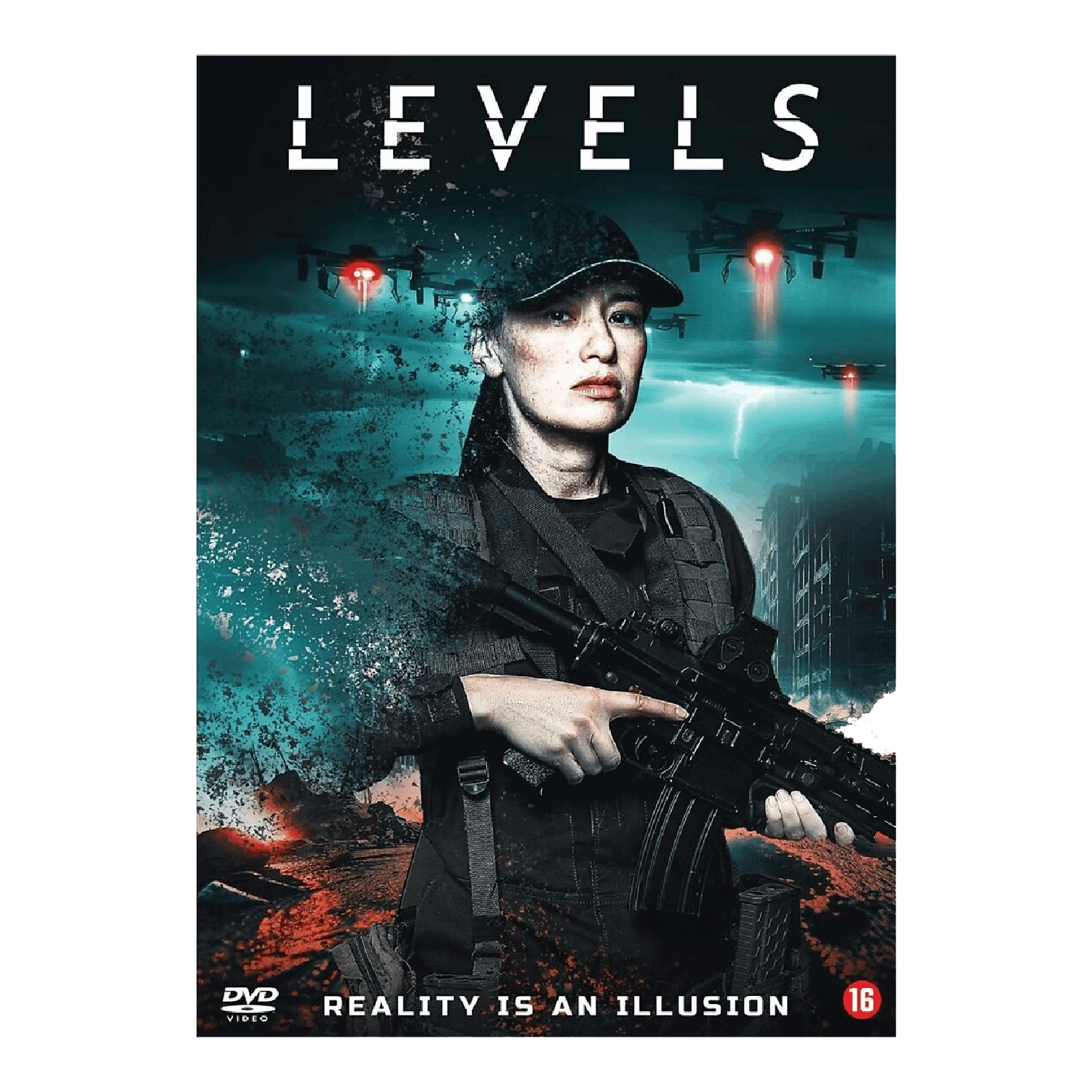 Filmposter. Een vrouw houdt een geweer vast. Boven haar het woord 'LEVELS'. Drones vliegen met rode lichten. Tekst: 'Reality is an illusion'.