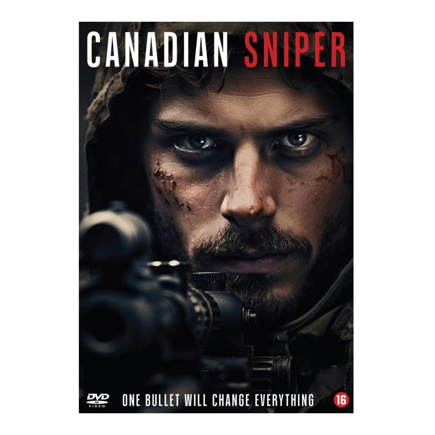 Affiche du film 'Canadian Sniper'. Un homme avec une barbe et un sweat à capuche regarde intensément. Lunette de visée au premier plan. Texte: 'ONE BULLET...'