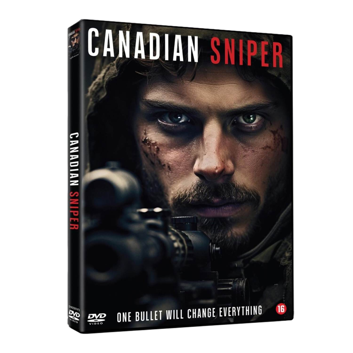 Jaquette DVD pour "Canadian Sniper". Un homme barbu aux yeux intenses, avec le titre "Canadian Sniper".