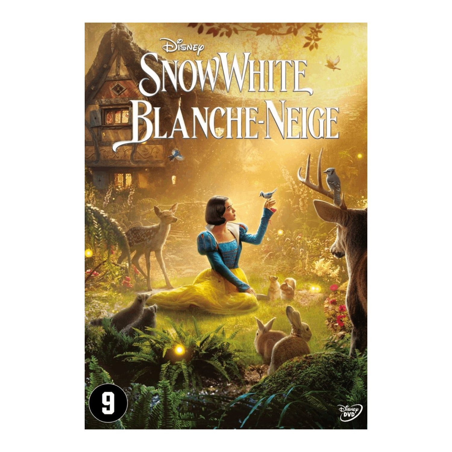 Snow White movie cover. Snow White in a blue and yellow dress surrounded by animals. A deer, birds, and rabbits are present.