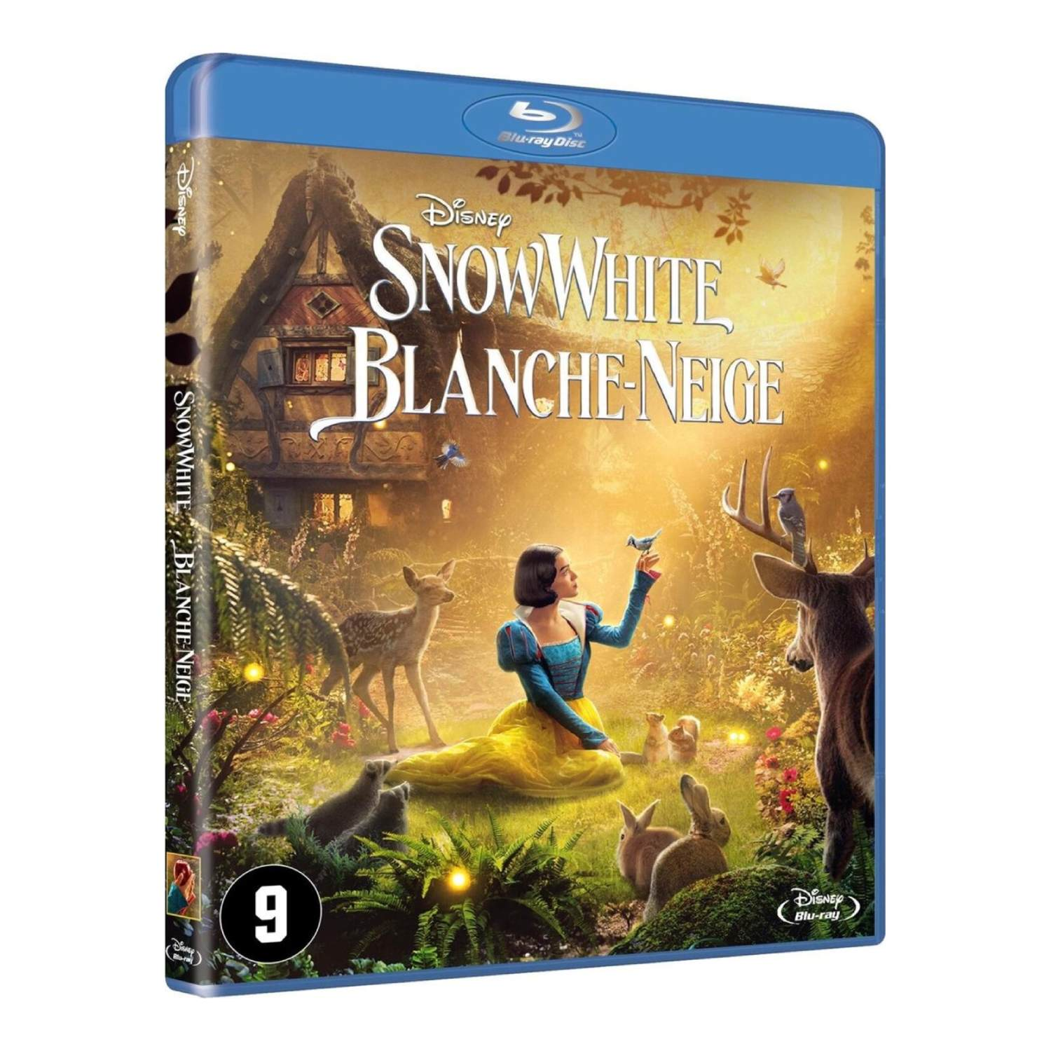 Blu-ray disc cover of Snow White. Snow White sits with animals. A house is in the background with the title on the front.